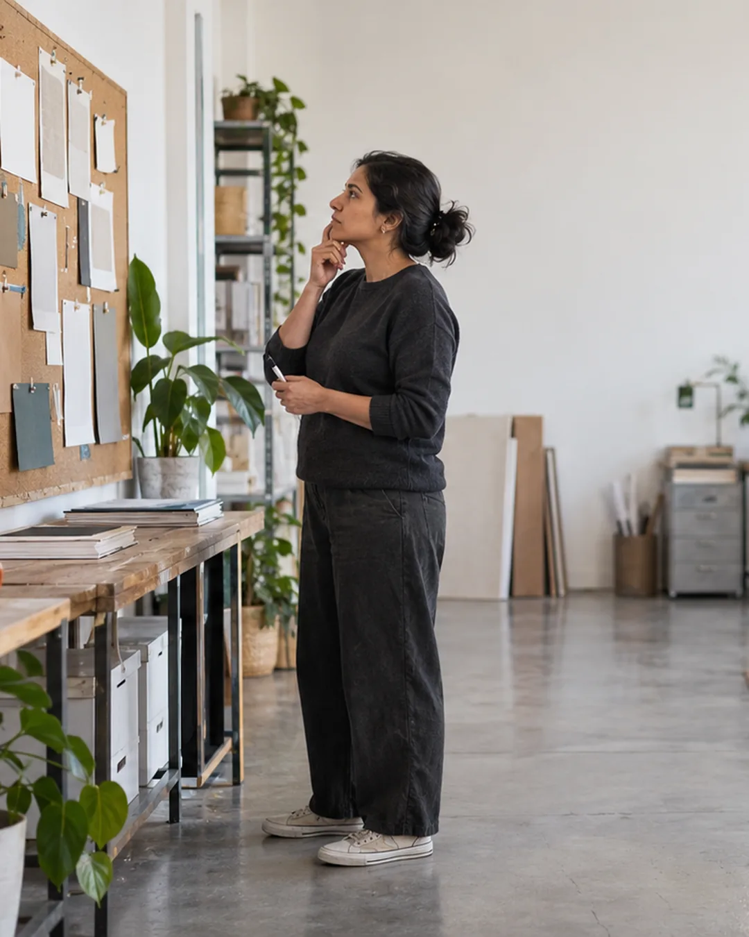 A studio owner studies a wall of swatches and blank prints, planning a campaign in bright office light.