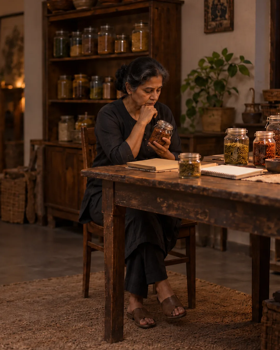 A spice business owner sits with her jars in the back room on a lamp-lit evening, deciding where to focus.