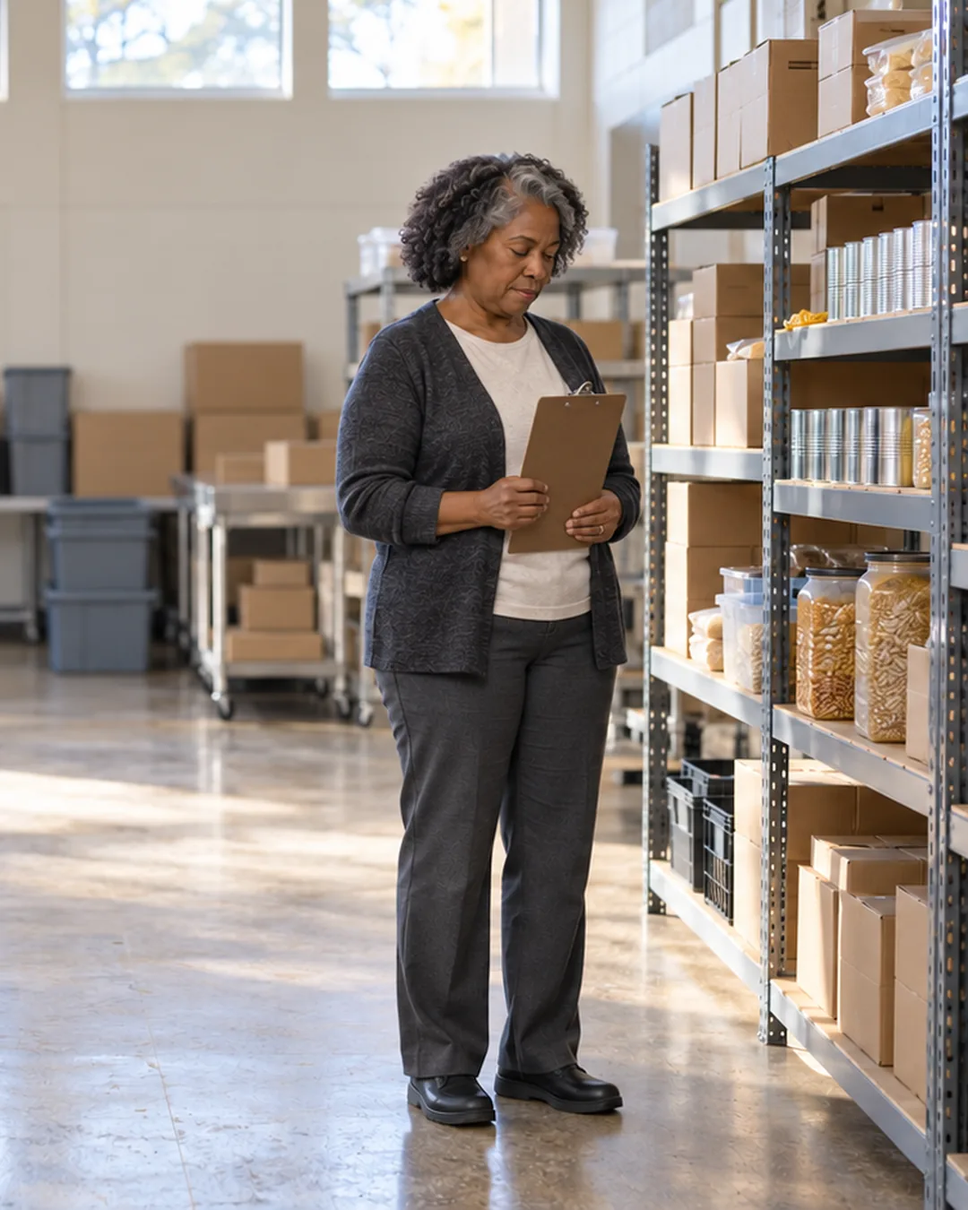 A food pantry director walks between tidy shelves of supplies with a clipboard, planning the week.