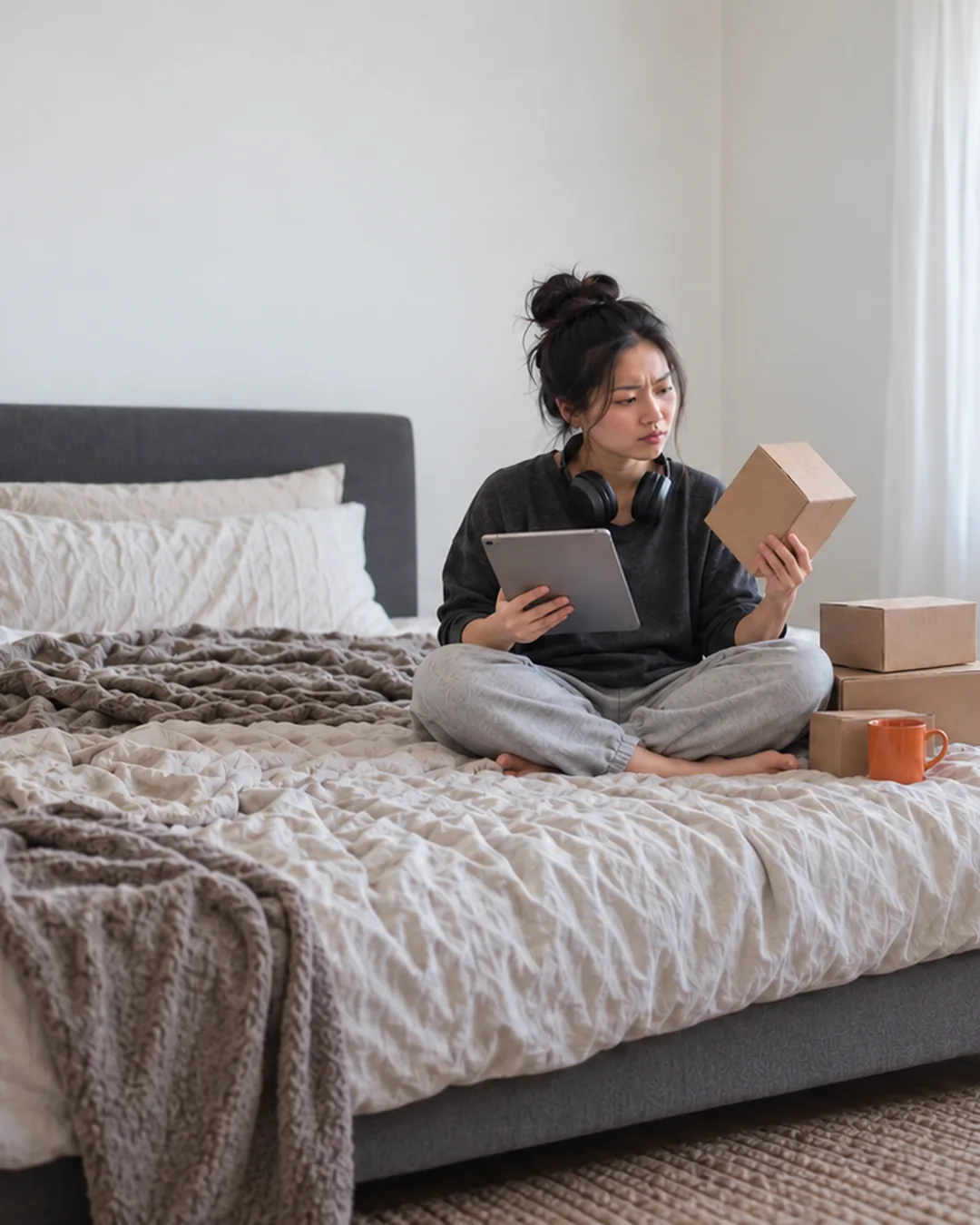 An affiliate blogger sits on her bed surrounded by product boxes, weighing which to promote in midday light.
