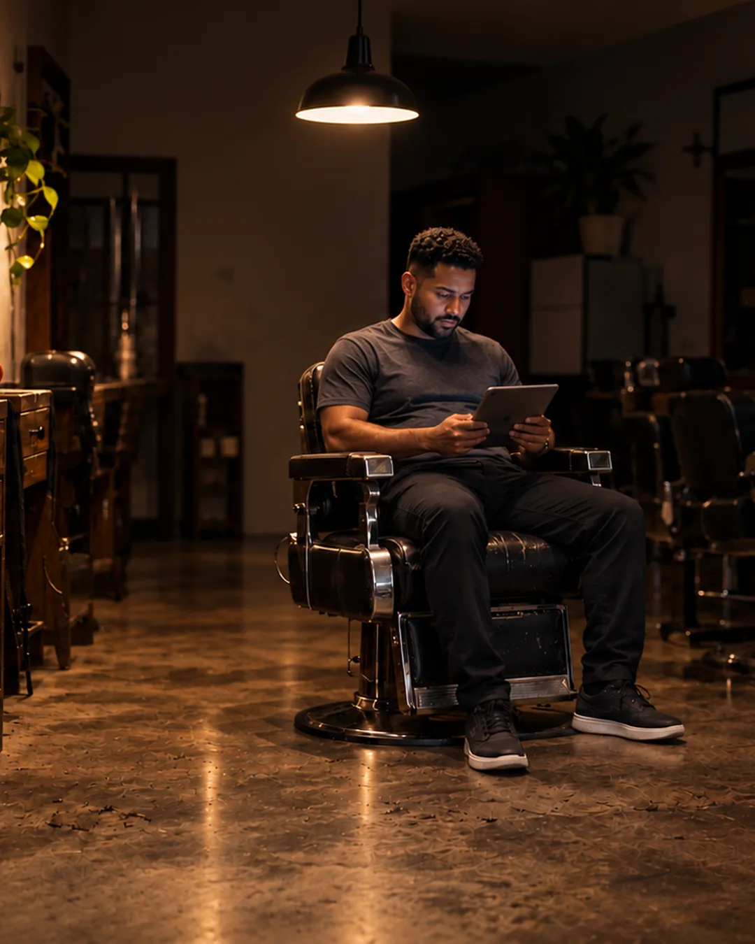 A barber sits in his own chair at night, planning a campaign alone in the shop.