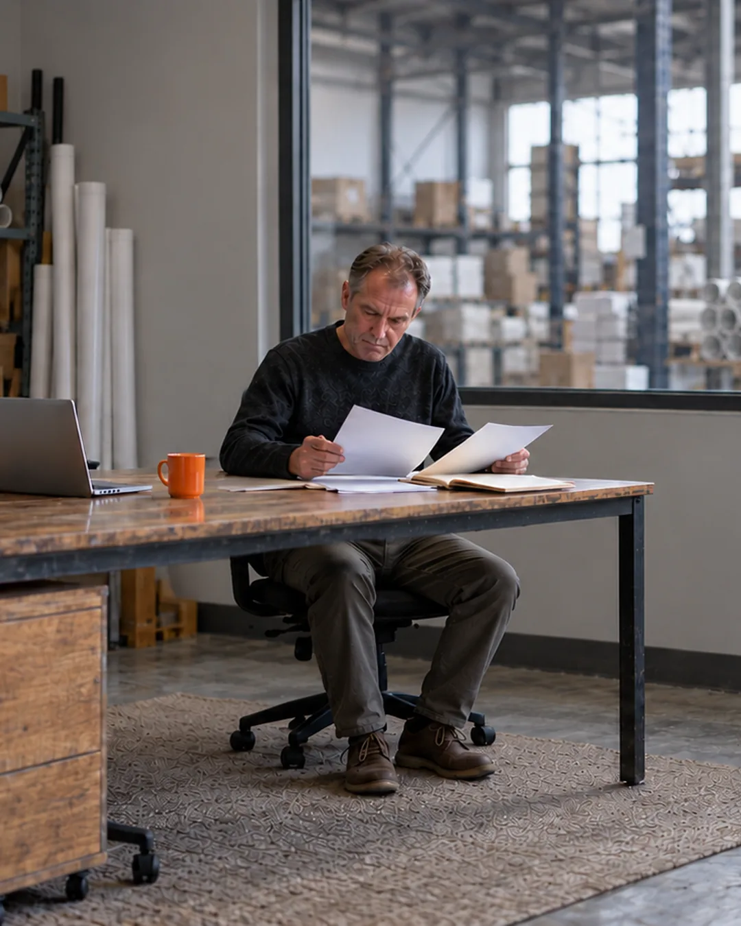 A small business owner reviews staff paperwork at his desk in a back office overlooking the warehouse.