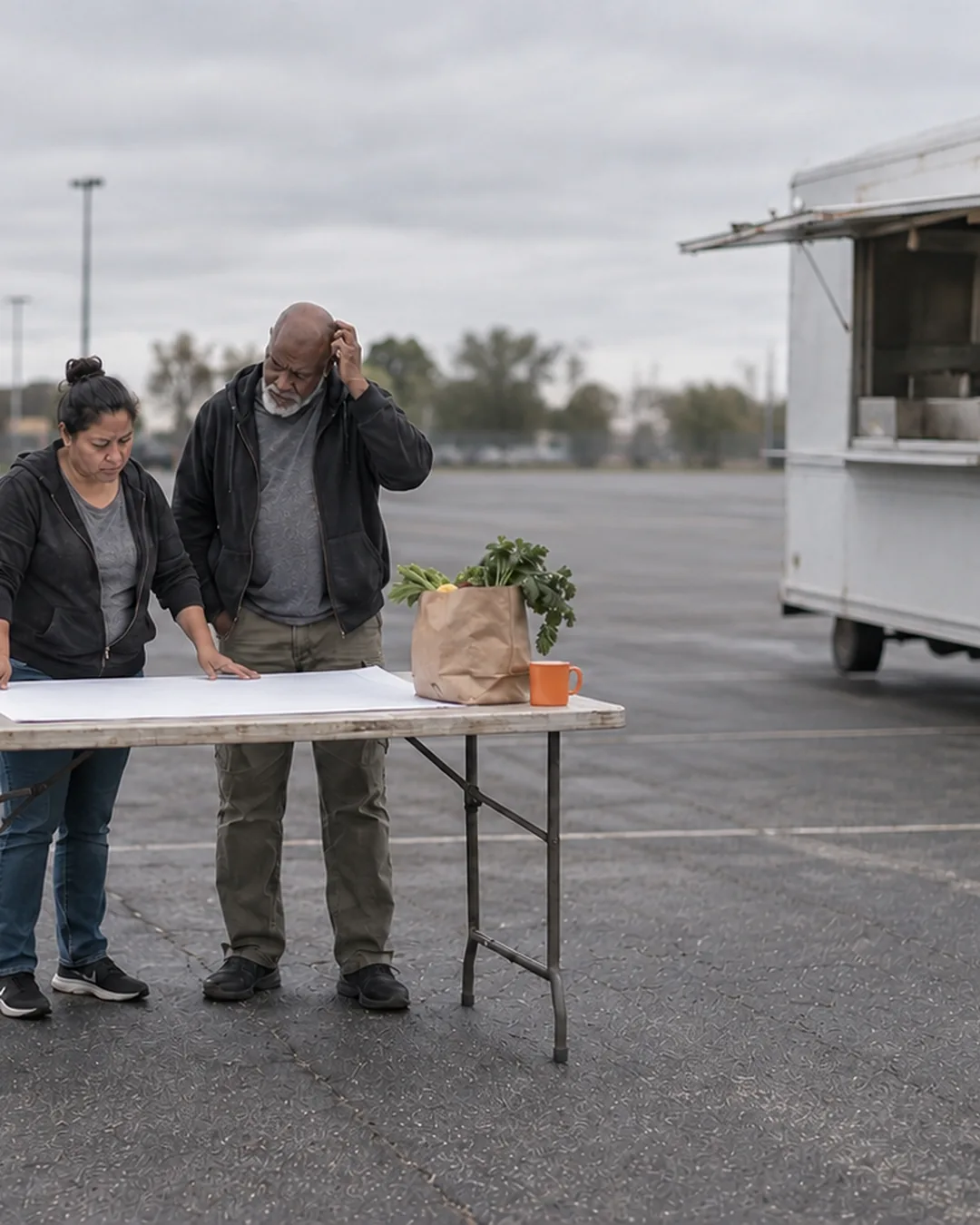 Three food-truck owners stand around a folding table on an overcast afternoon, weighing what could go wrong.