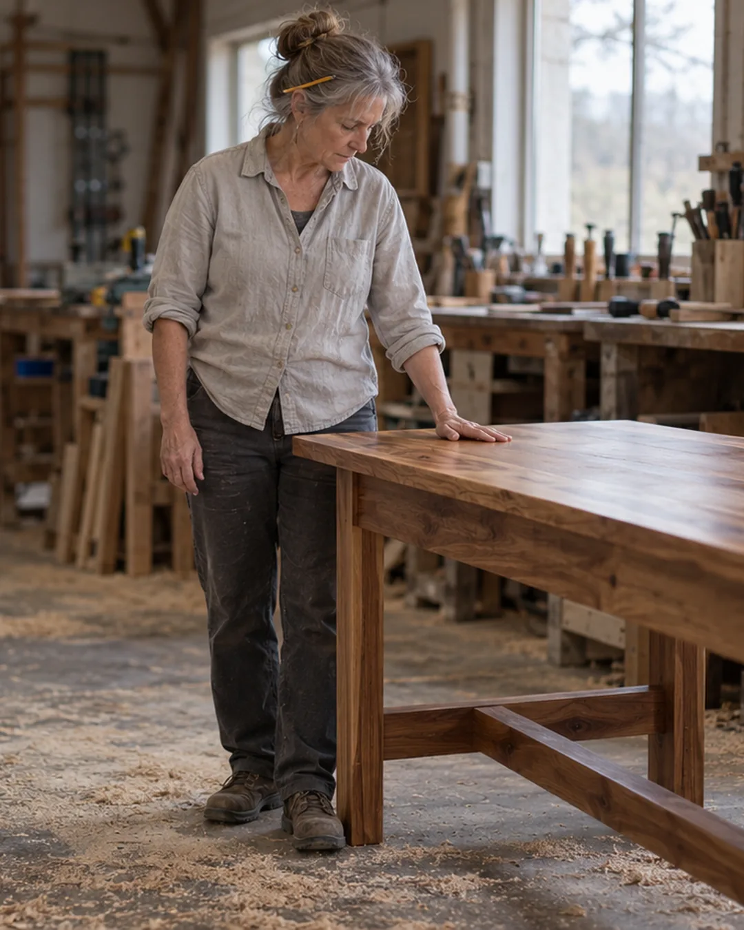 A woodworker rests her hand on a finished table, weighing what it is truly worth.