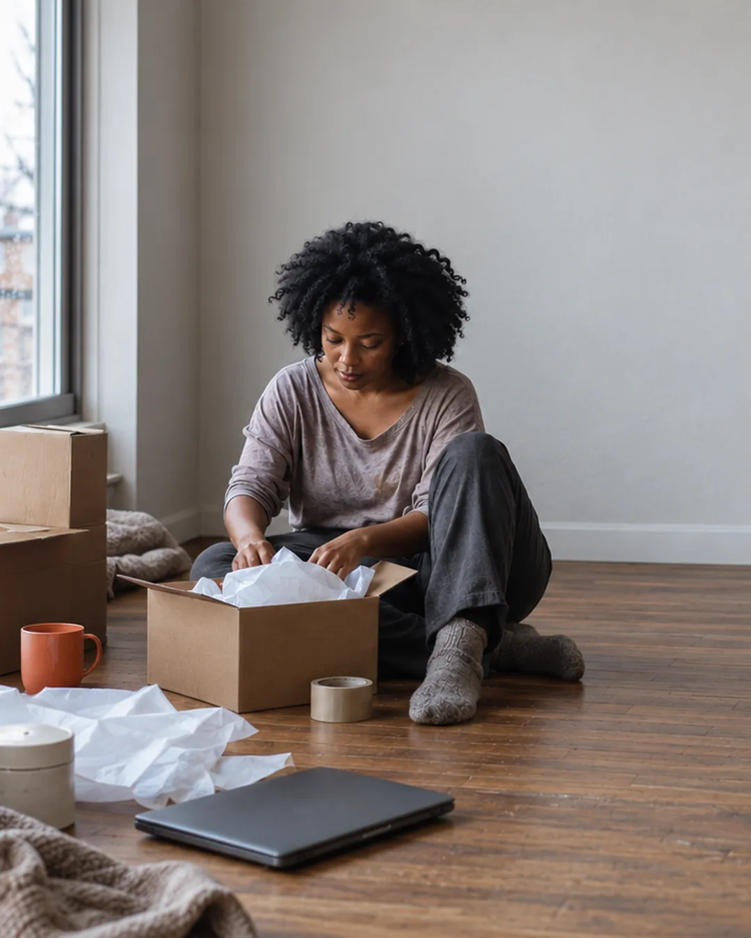 A skincare founder sits among boxes on her living-room floor, getting ready for launch week.