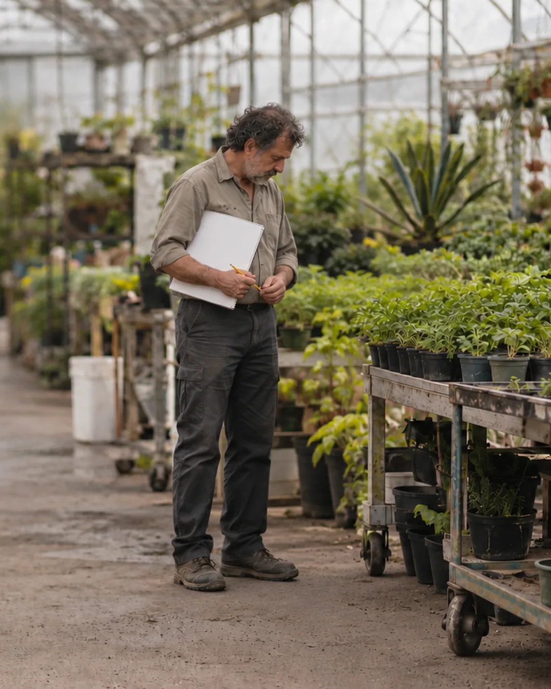 A garden centre owner walks the greenhouse with a calendar under his arm, planning the promotions ahead.
