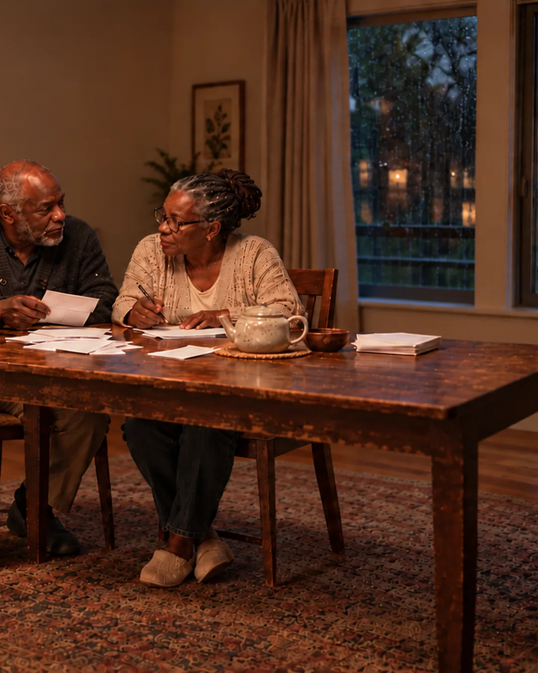 An older couple talk through their money over paper receipts at the dining table on a lamp-lit evening.