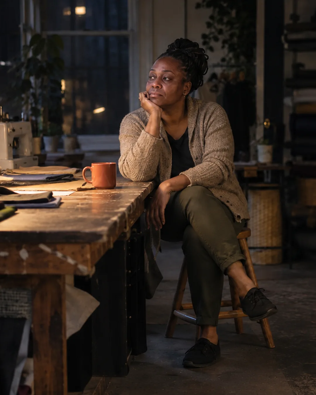 A tailor sits at her cutting table after closing, lamp-lit, quietly taking stock of the week.