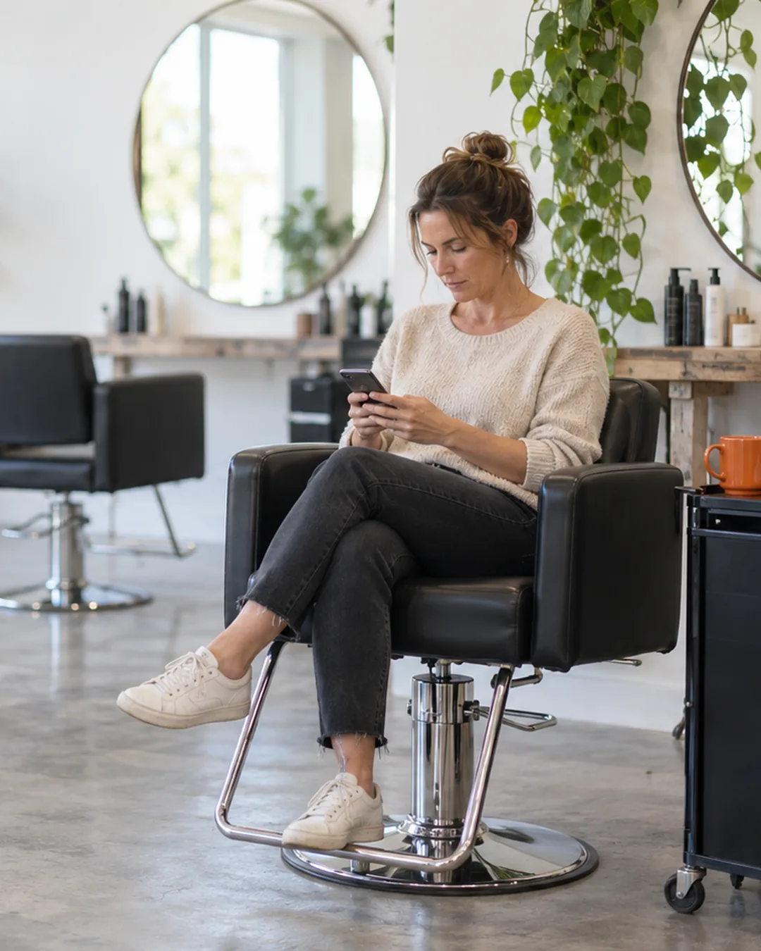 A salon owner takes a break between clients to catch up on messages in her salon chair.
