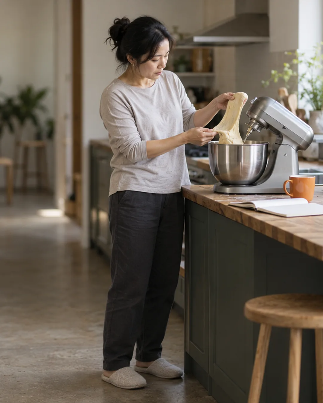 A reviewer puts a stand mixer through its paces on her kitchen counter.