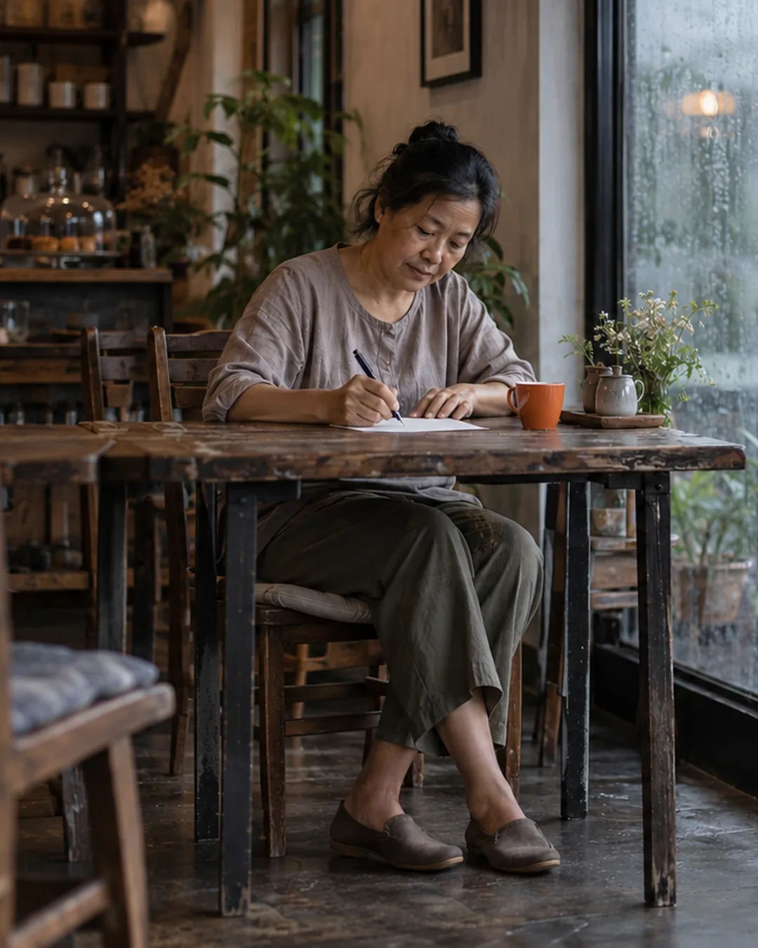 A cafe owner writes a handwritten thank-you card at a quiet table on a rainy afternoon.