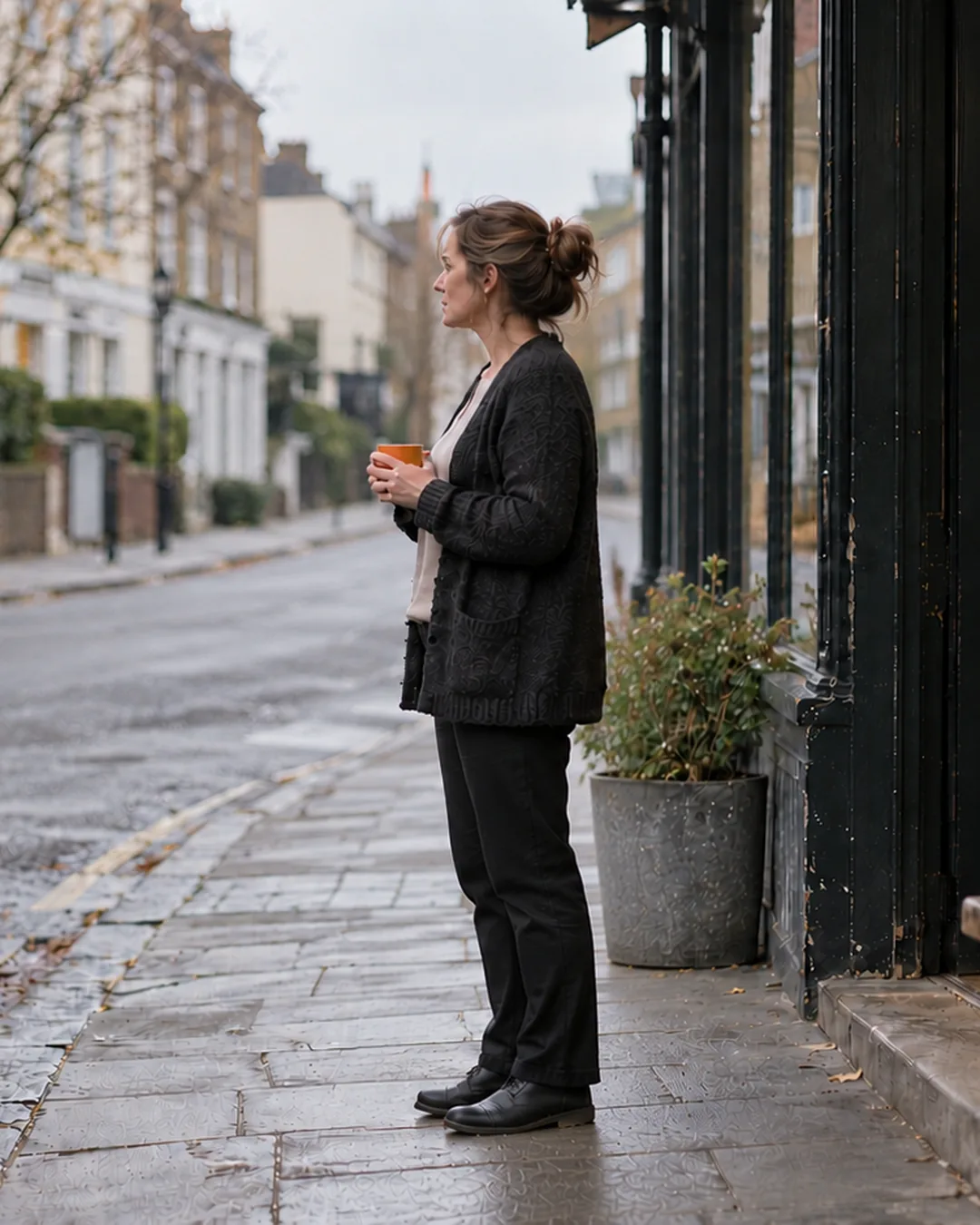A cafe owner stands on the pavement with a mug, looking across the street at a newly opened shop.