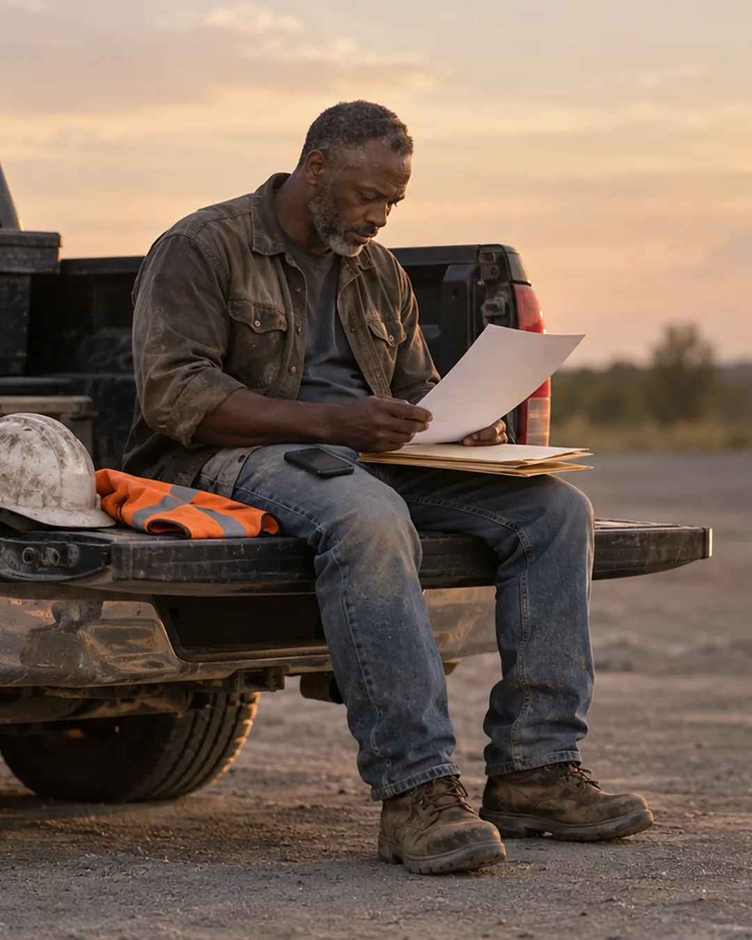 A business owner sits on a truck tailgate at dusk reviewing proposal pages beside a hard hat.