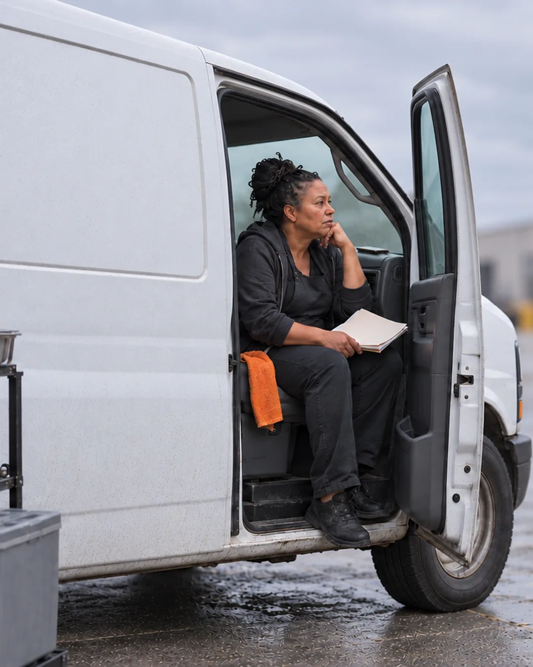 A caterer reviews her open quotes in the van between events.
