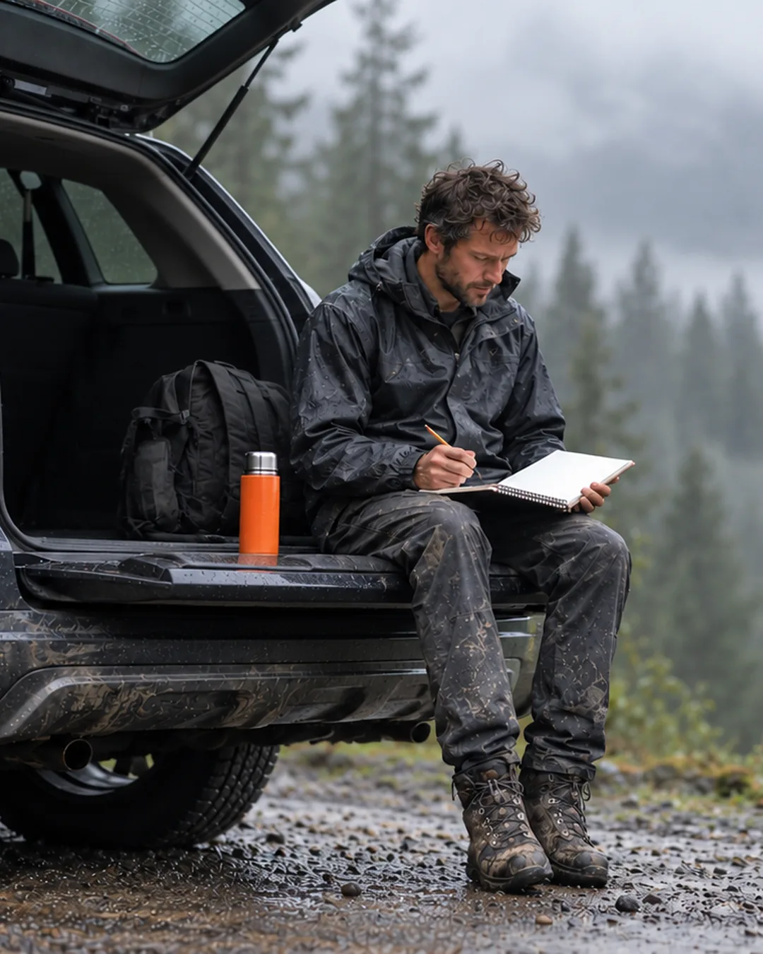 An outdoor blogger sits at a trailhead in rain gear, planning his next batch of articles.