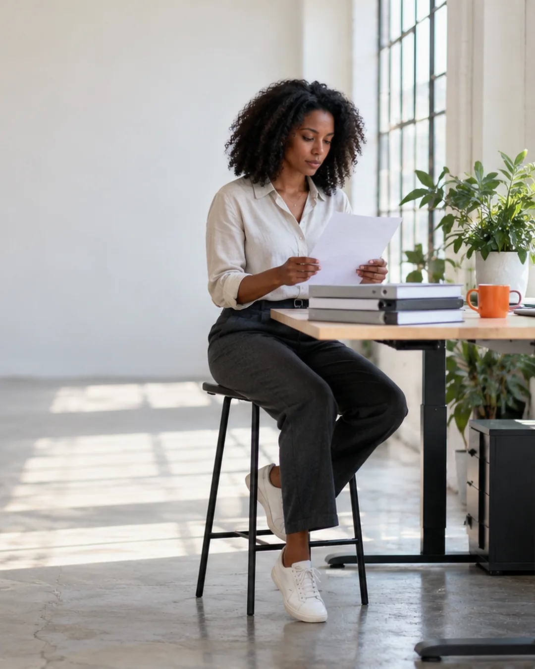 A consultant reads a proposal at her standing desk in a bright warehouse studio.