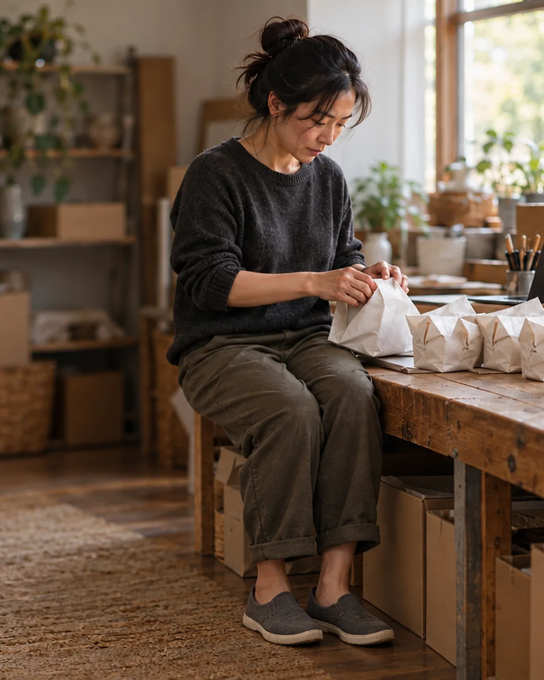 An online ceramics shop owner wraps mugs in paper at her packing table, boxes stacked around her.
