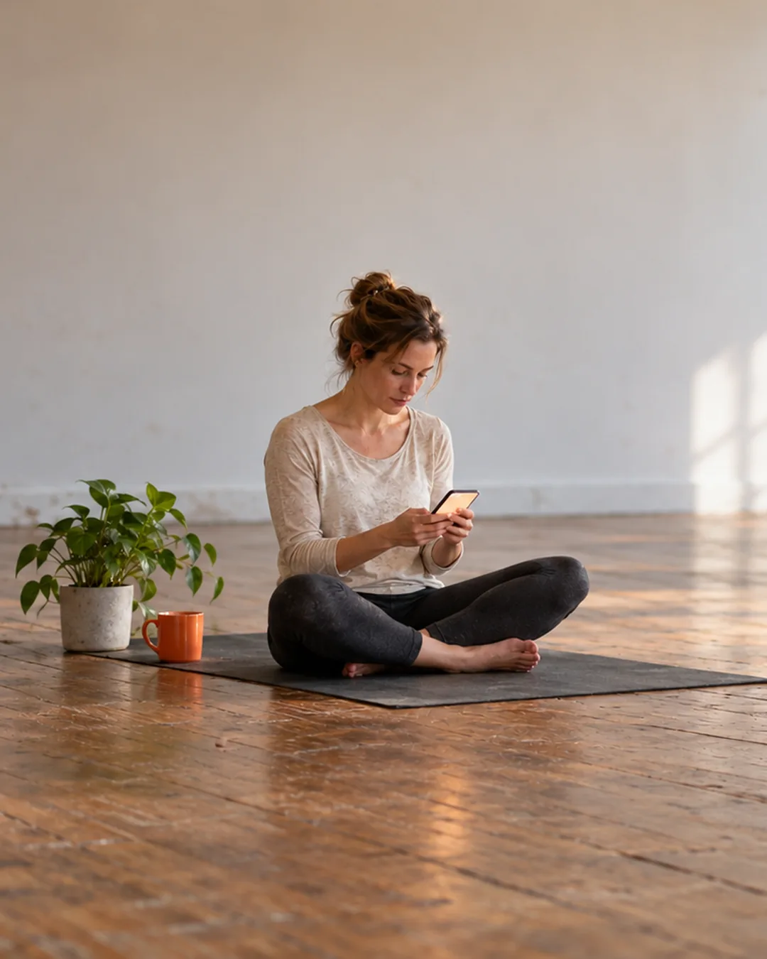 A yoga studio owner sits on a mat in her empty studio with her phone, planning the week's posts.