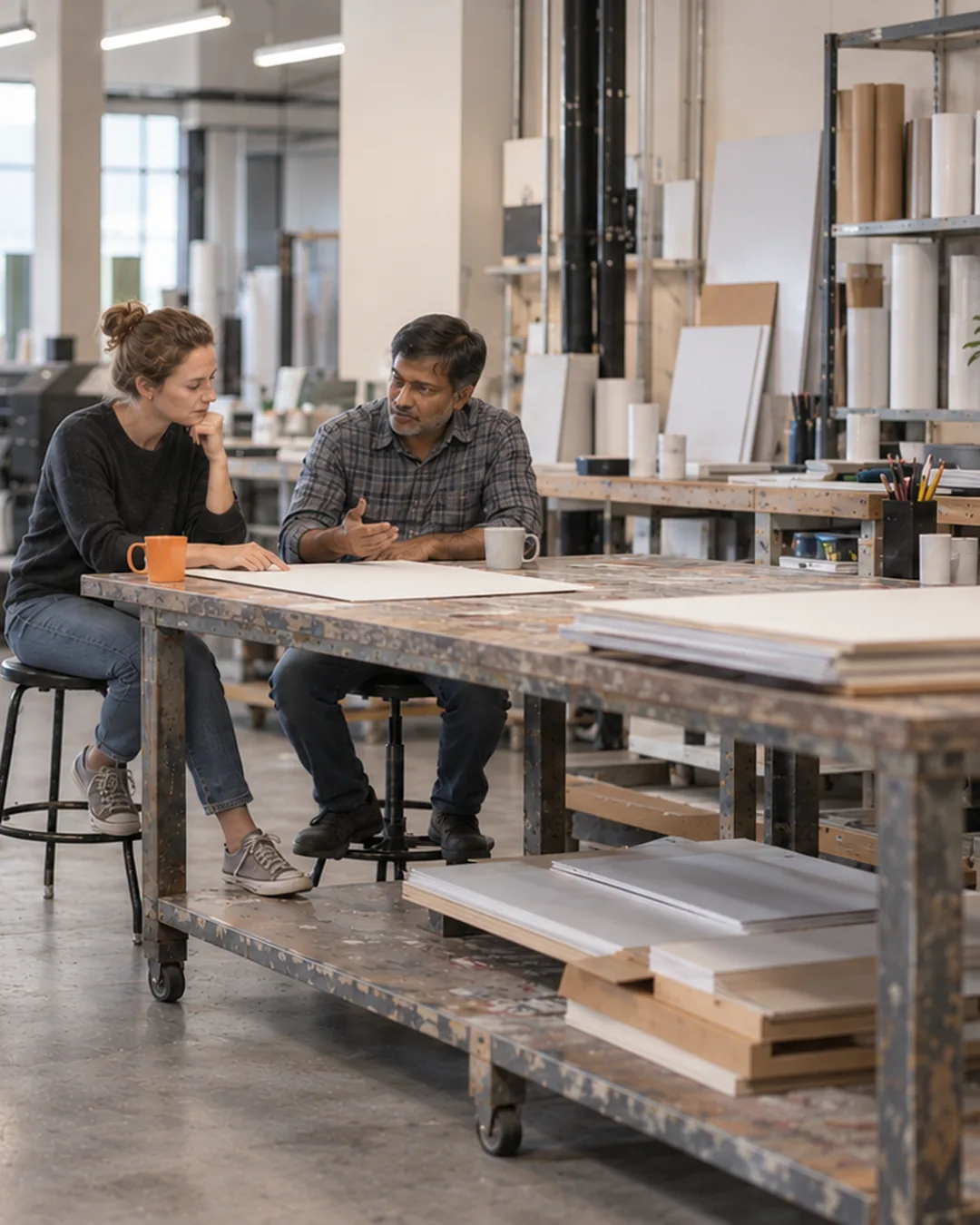A small team gathers around a bench in their print shop at the start of the week.
