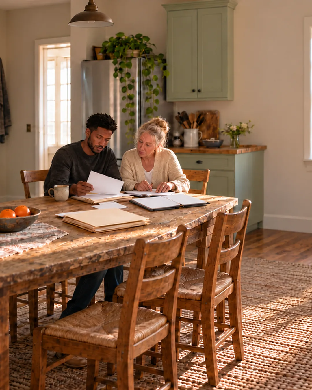A son and his mother sit at the family kitchen table going through household folders and a planner.