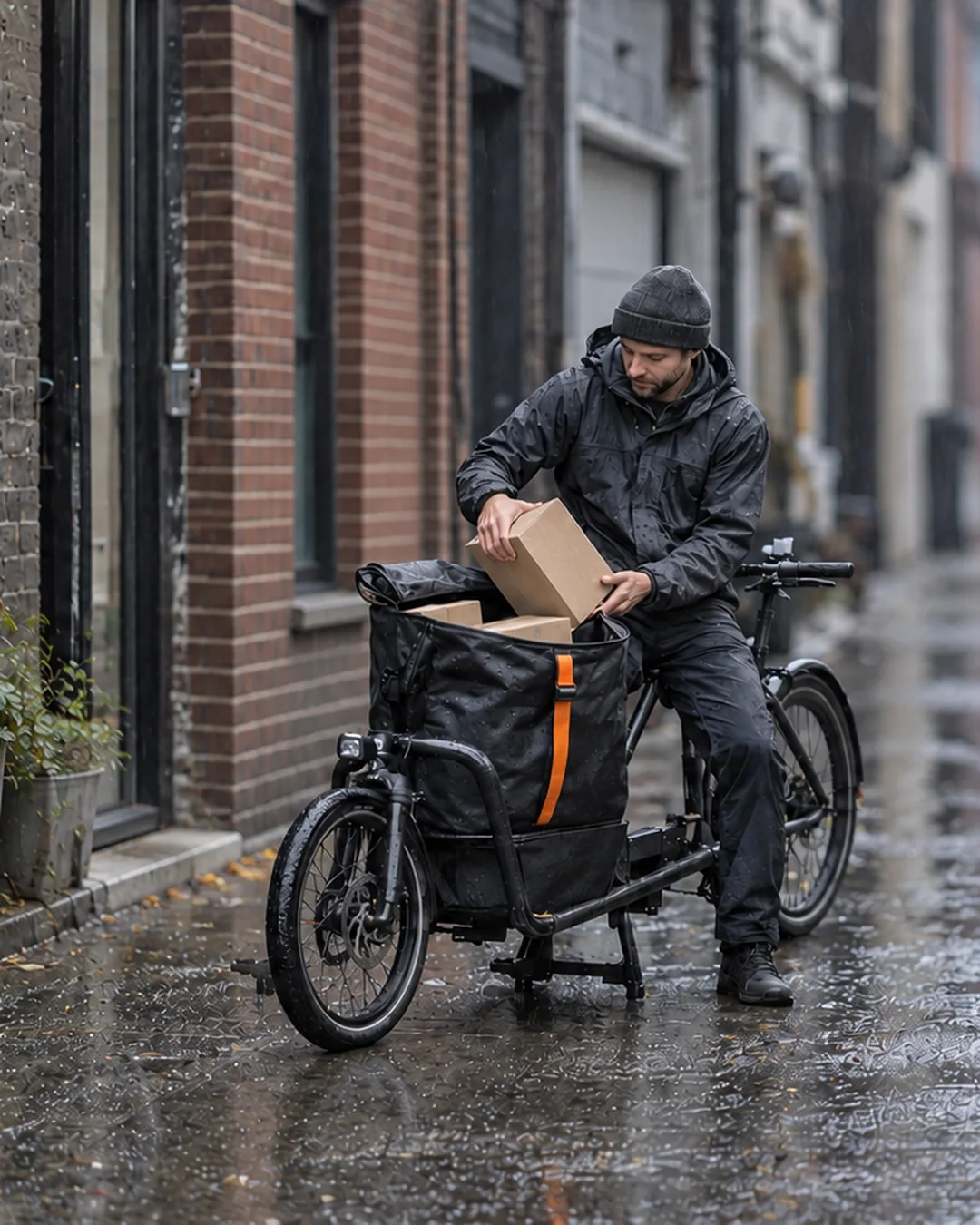 A solo courier loads his bag in a rainy alley, getting the day's deliveries straight.