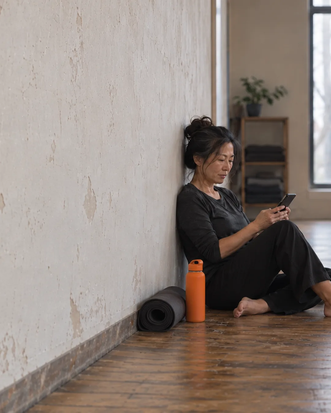 A yoga teacher sits on her studio floor after class, going through student questions.