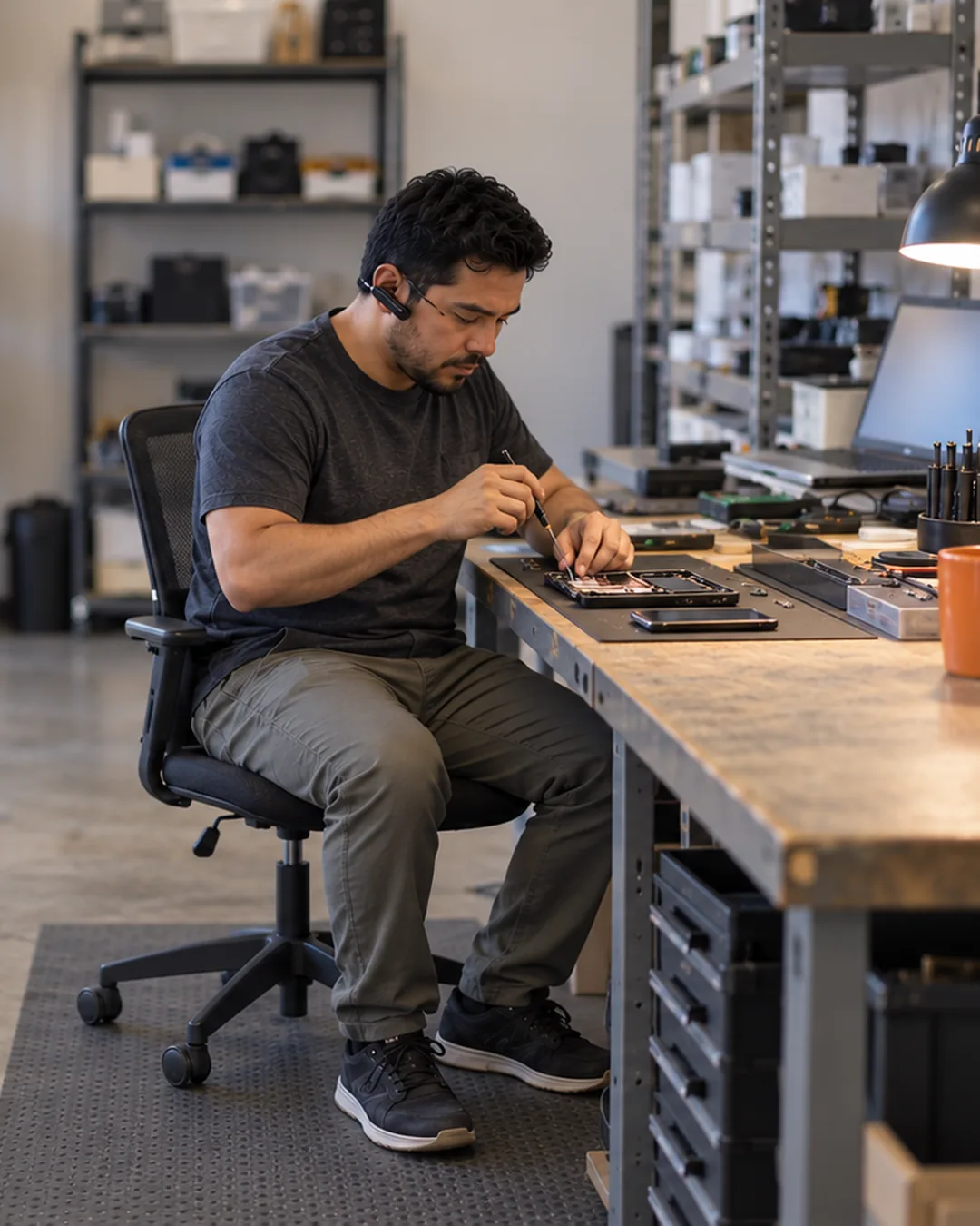A repair shop owner works at his bench with a headset on, helping customers one by one.