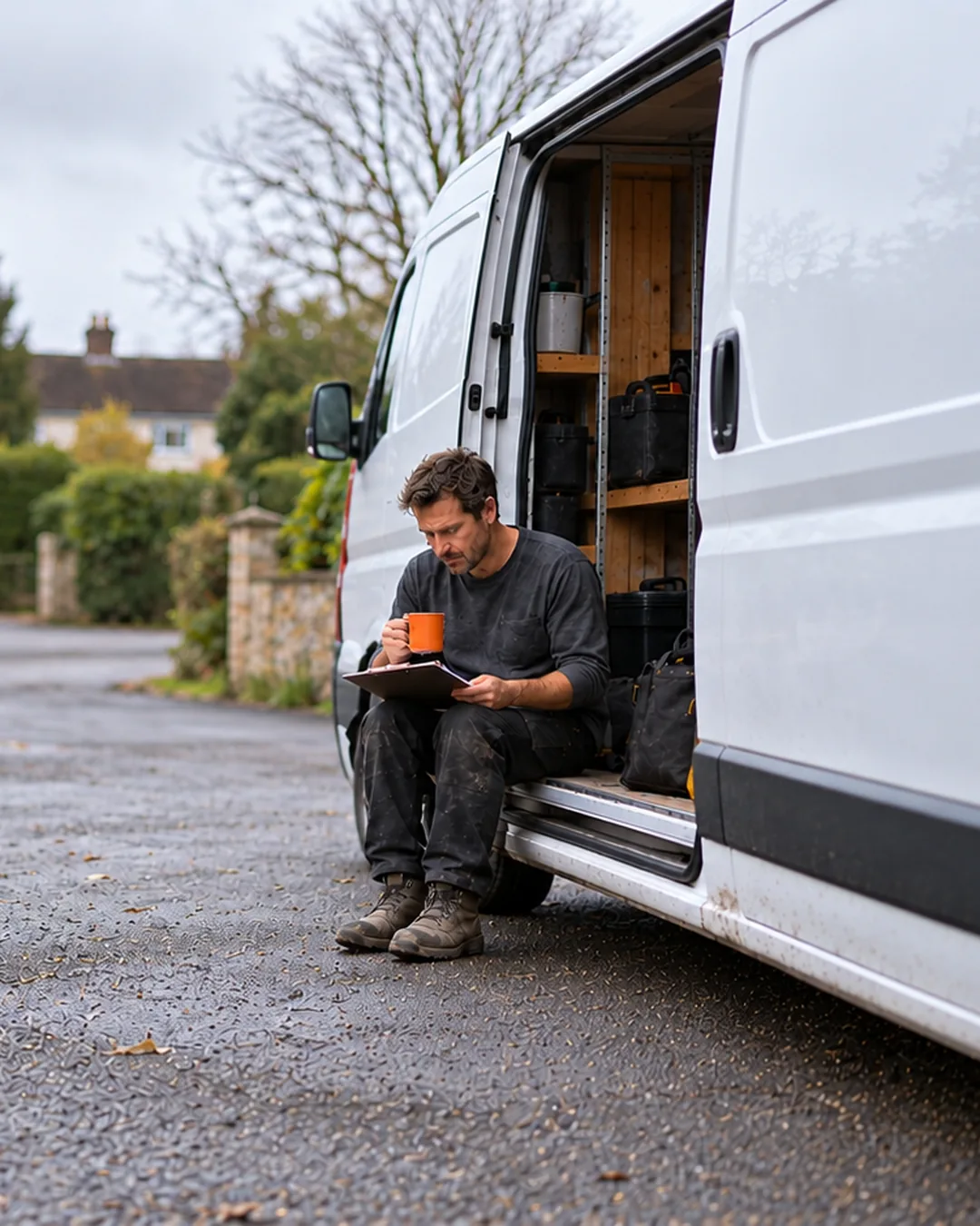 An electrician sits in the open side door of his van with a clipboard and a mug, going over the day's quotes.