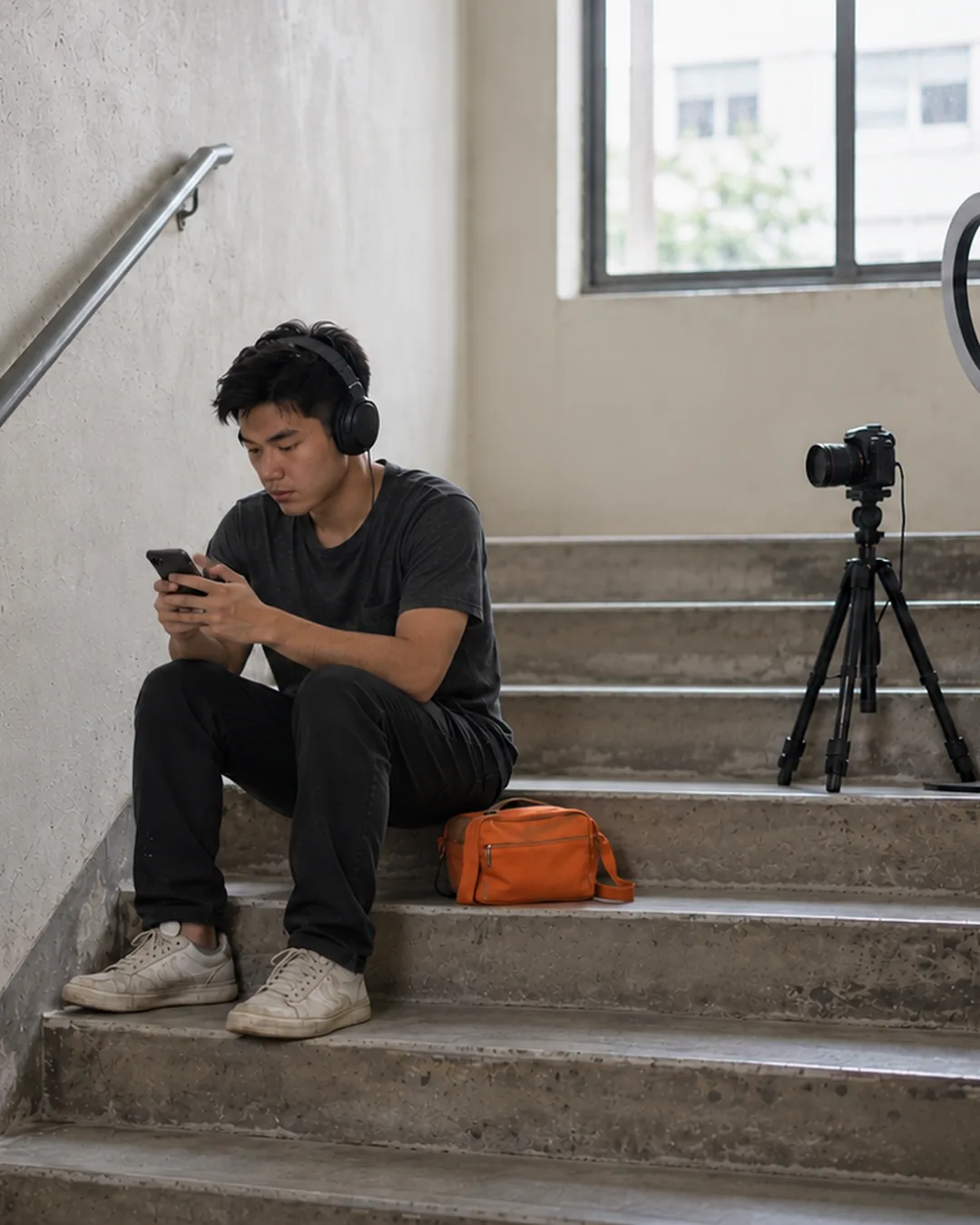 A video creator sits on a stairwell with his camera and tripod, scouting what to film next.