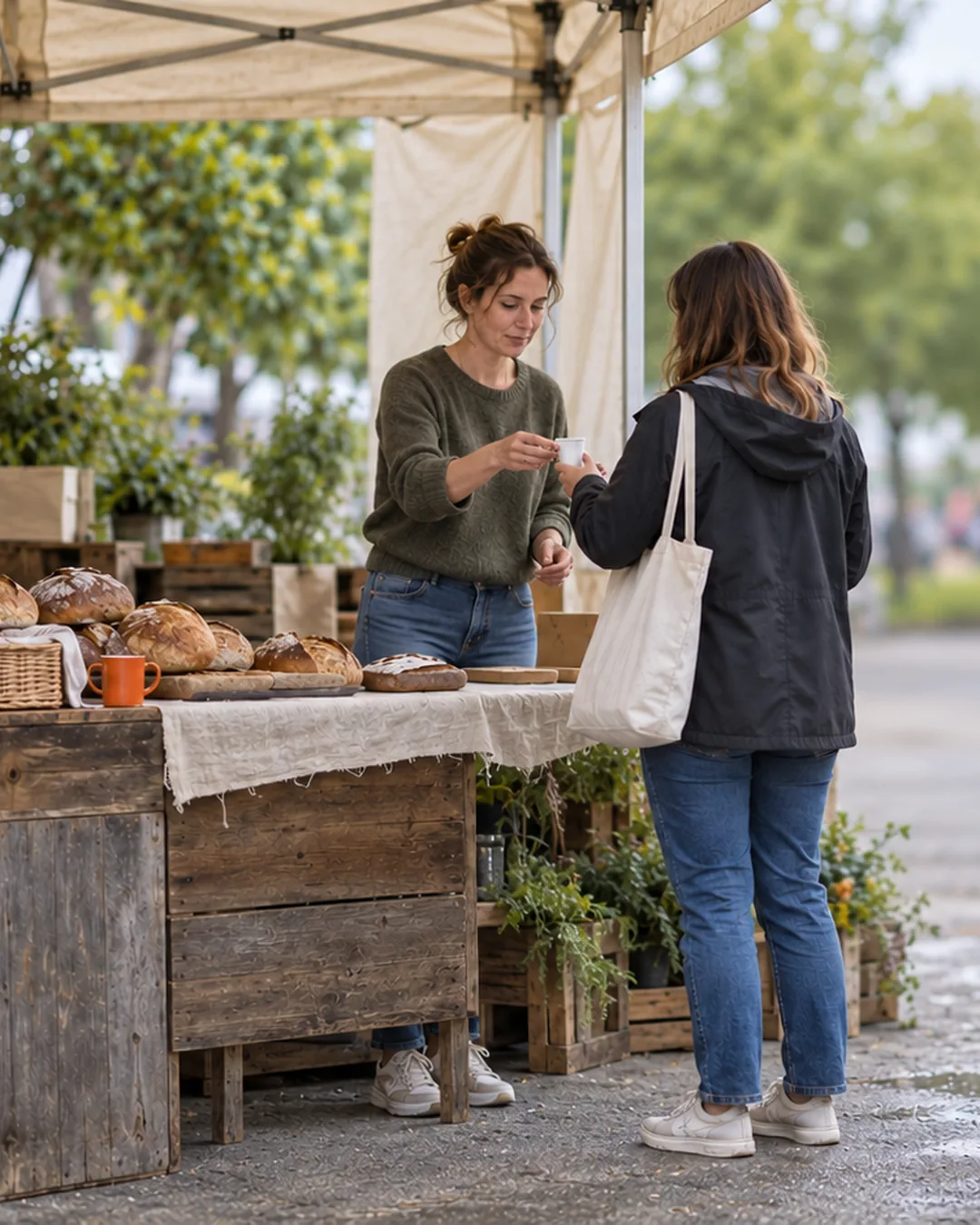 A would-be baker offers samples at a market stall, asking customers what they think.
