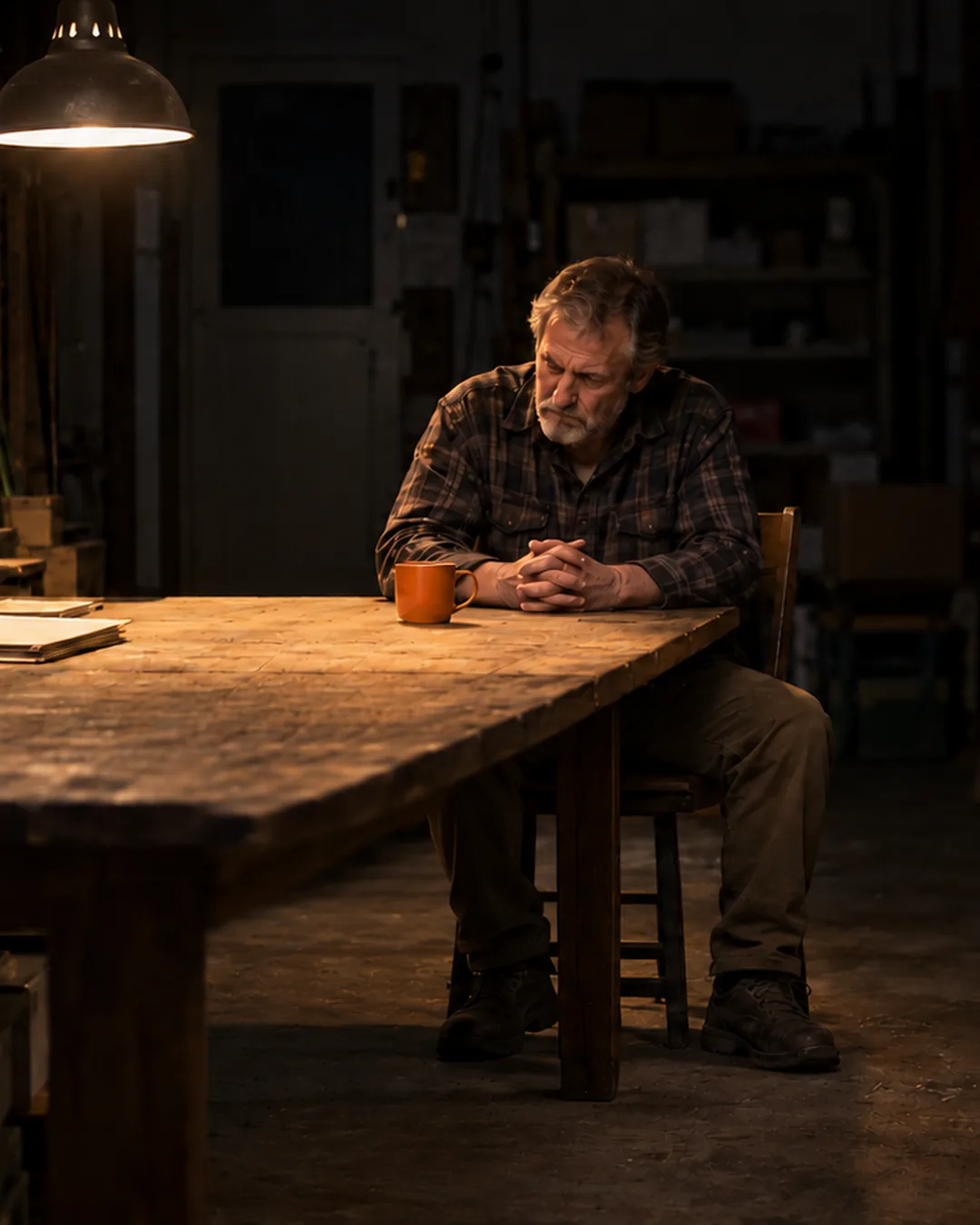 A hardware store owner sits alone in the stockroom at night, weighing a big decision.