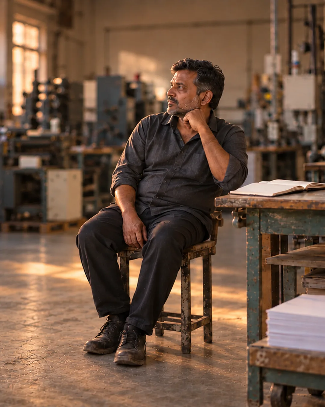 A print shop owner sits on a stool at the end of the week, looking out over his shop floor in warm afternoon light.