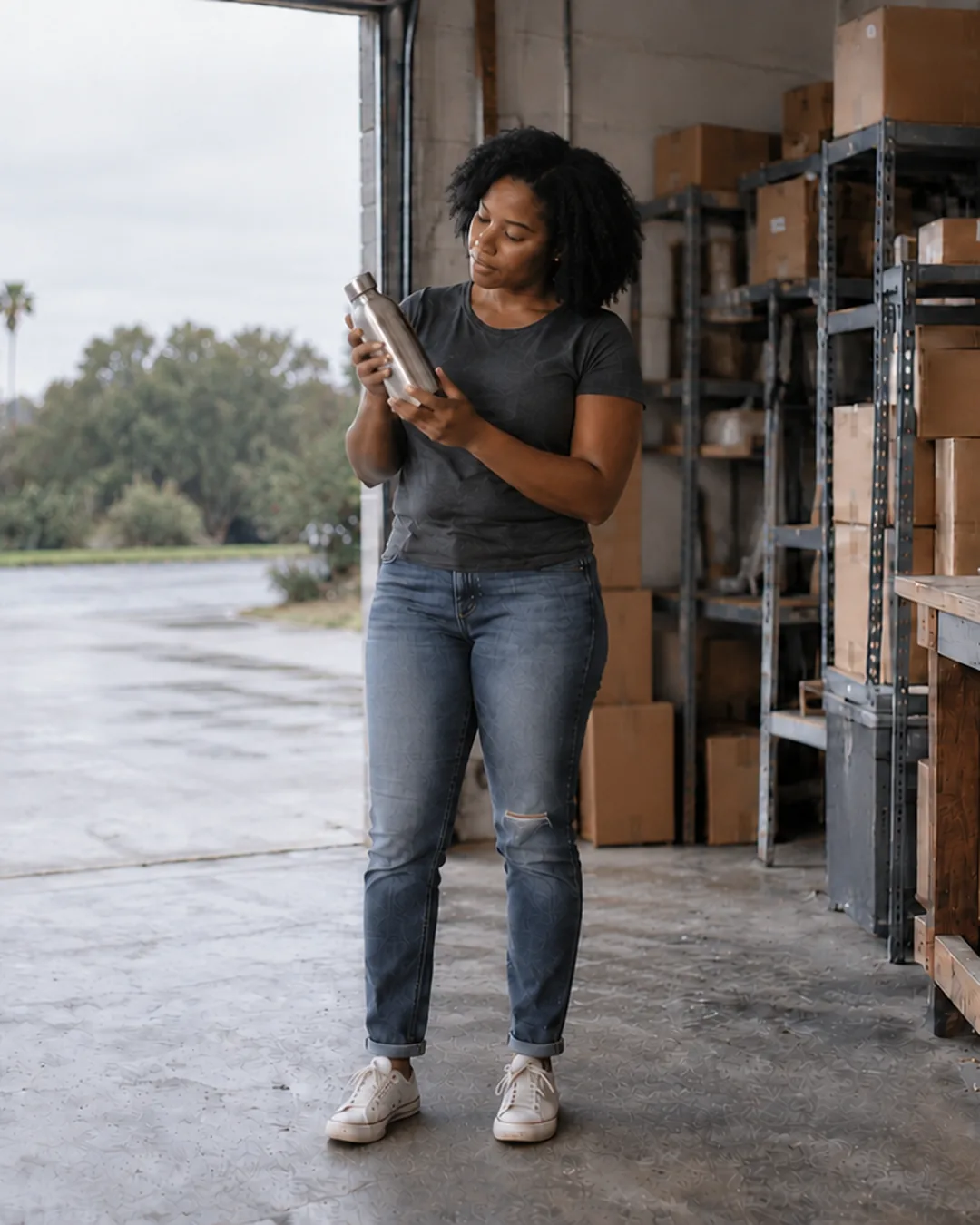 An online seller inspects a product sample in her garage warehouse under bright overcast light.
