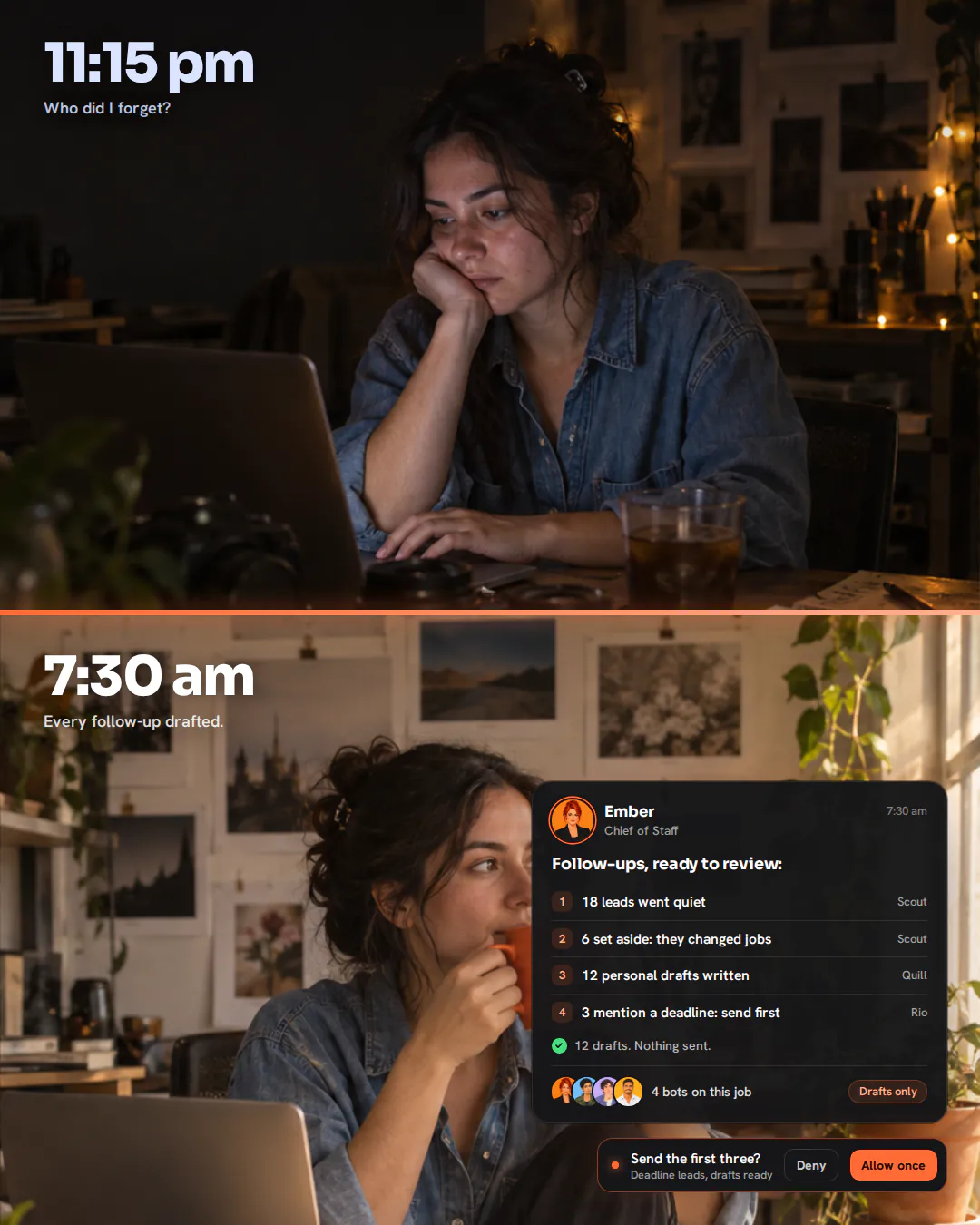 Split photo of a photographer at her studio desk: slumped under fairy lights at 11:15pm, then upright with a warm drink at 7:30am.