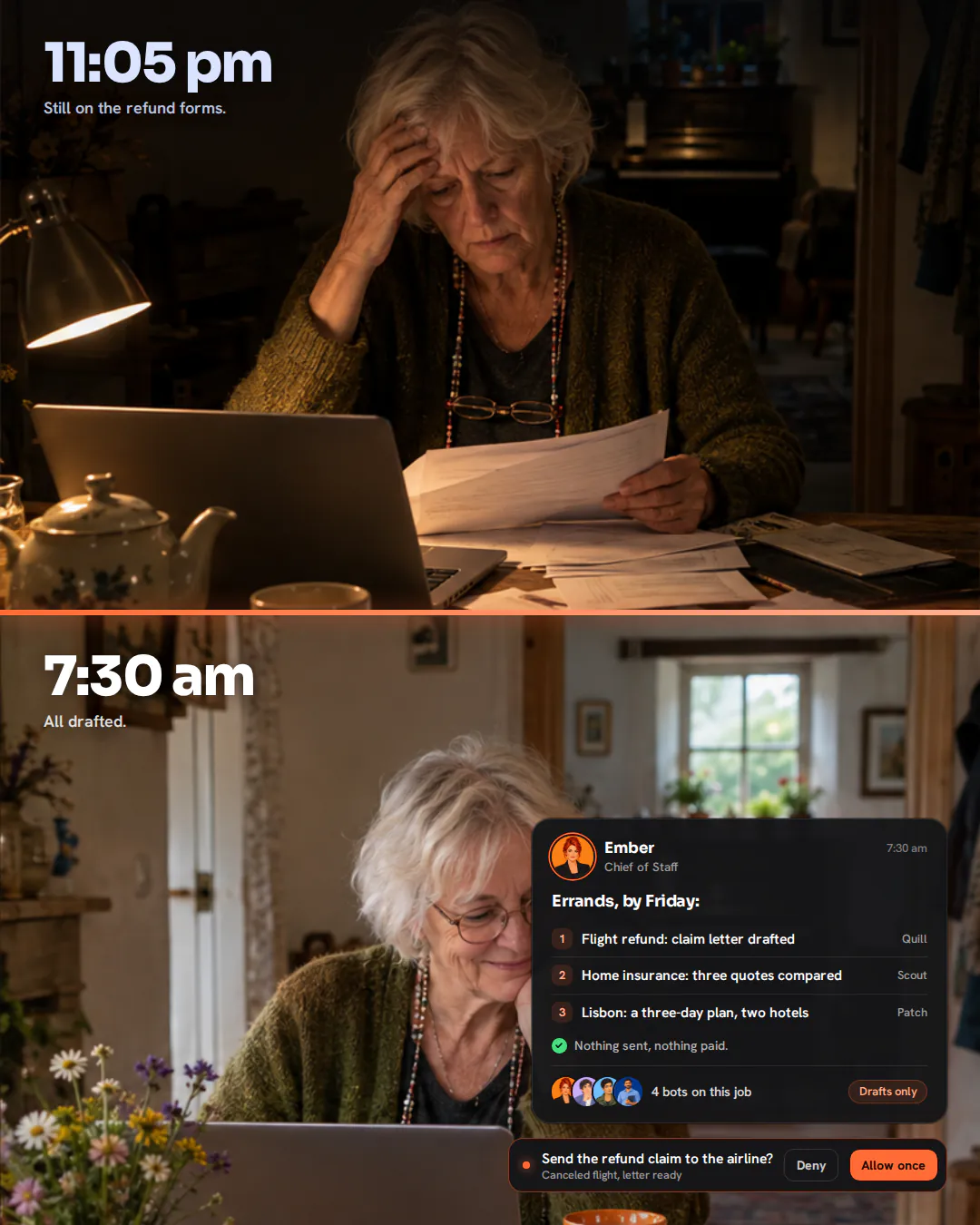Split photo of an older woman at her cottage kitchen table: sorting letters late at night, then relaxed with tea in morning light.