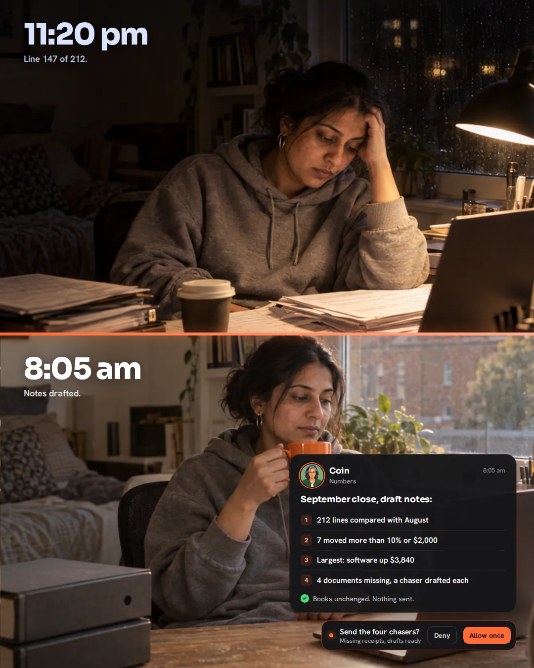Split photo of a bookkeeper at her home desk: head in hand over ledgers at 11:20pm, then calm with an orange mug the next morning.