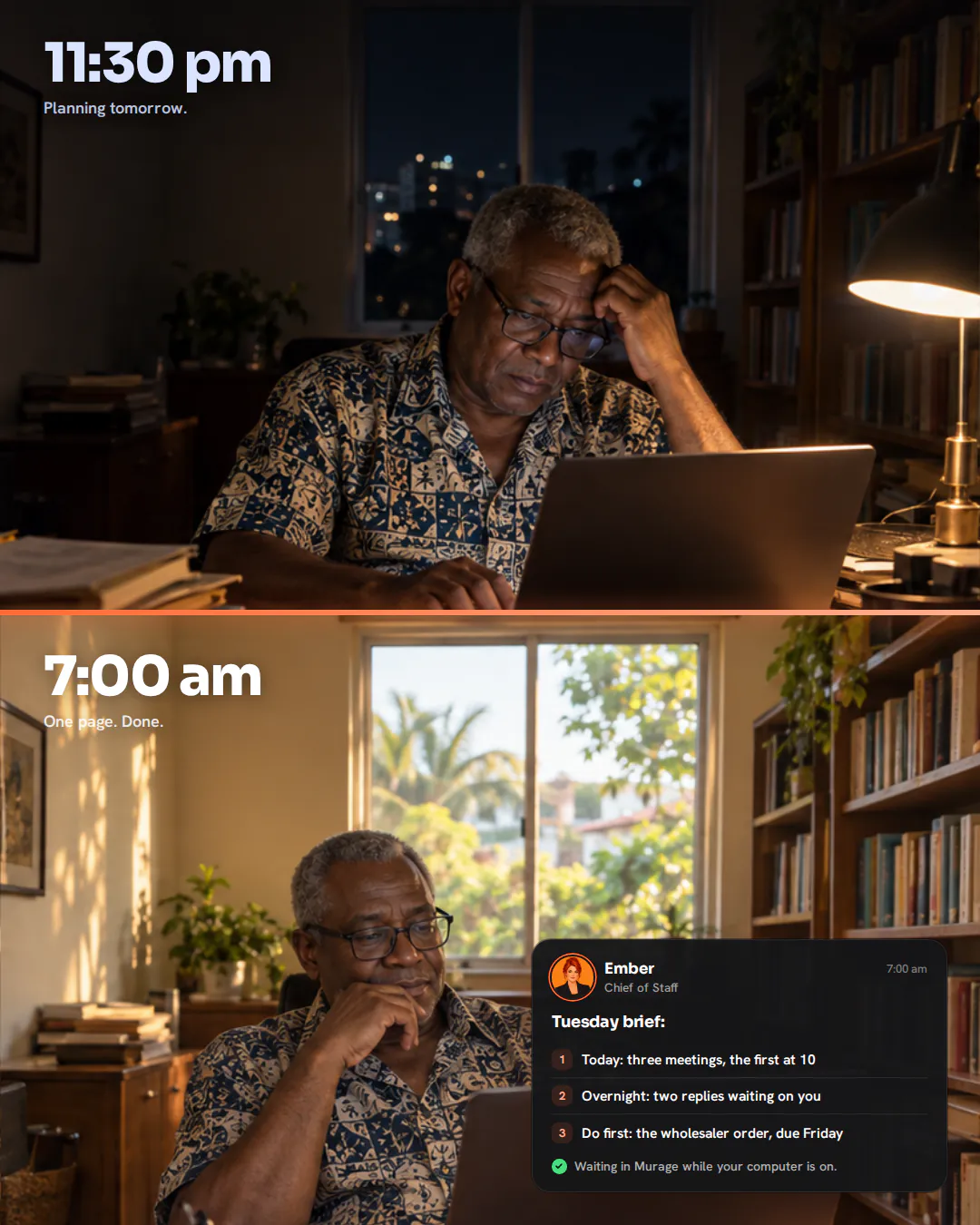 Split photo of a pharmacy owner at his home desk: tired under a lamp at 11:30pm, then relaxed with tea in morning sun.