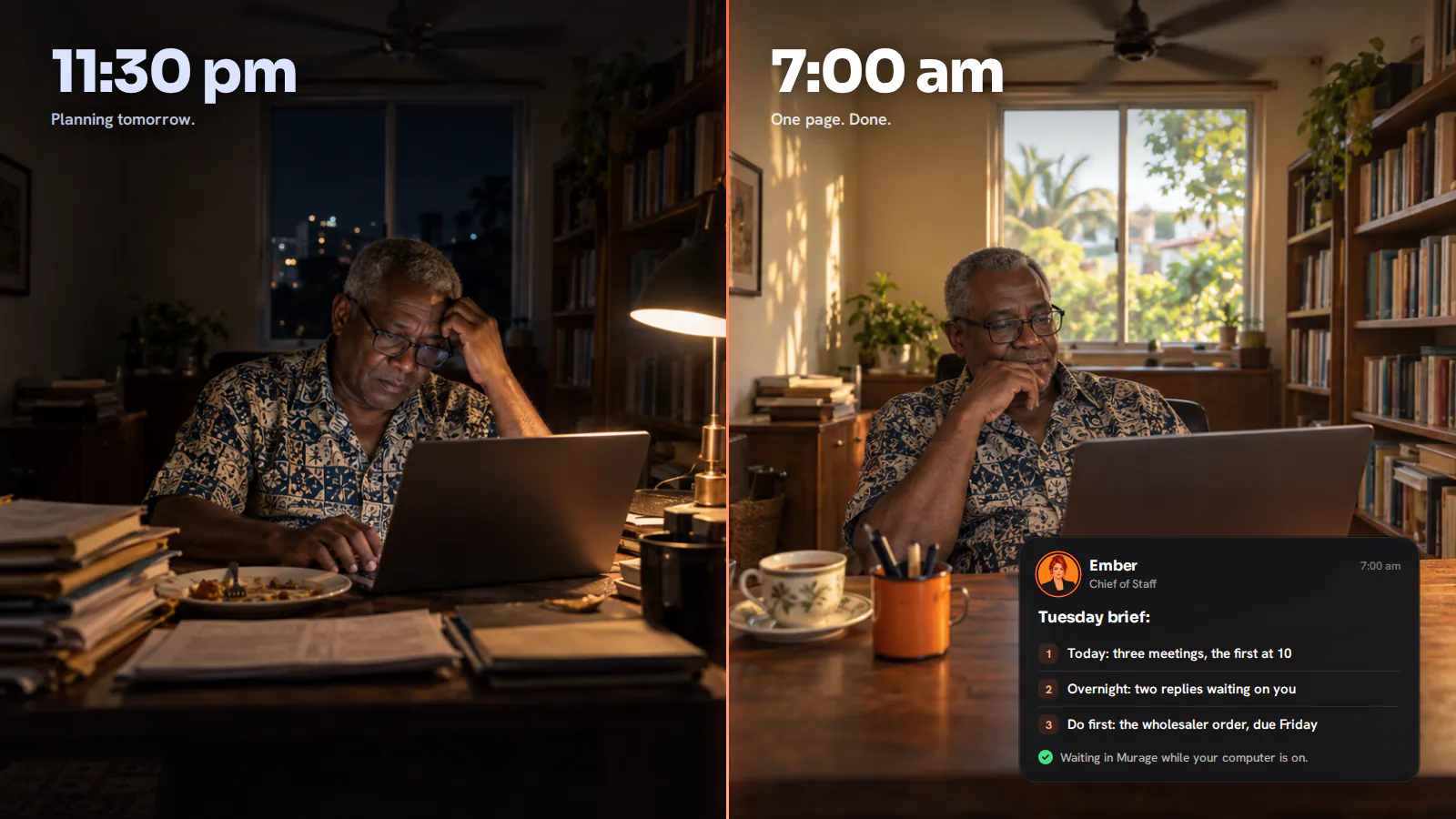 Split photo of a pharmacy owner at his home desk: tired under a lamp at 11:30pm, then relaxed with tea in morning sun.