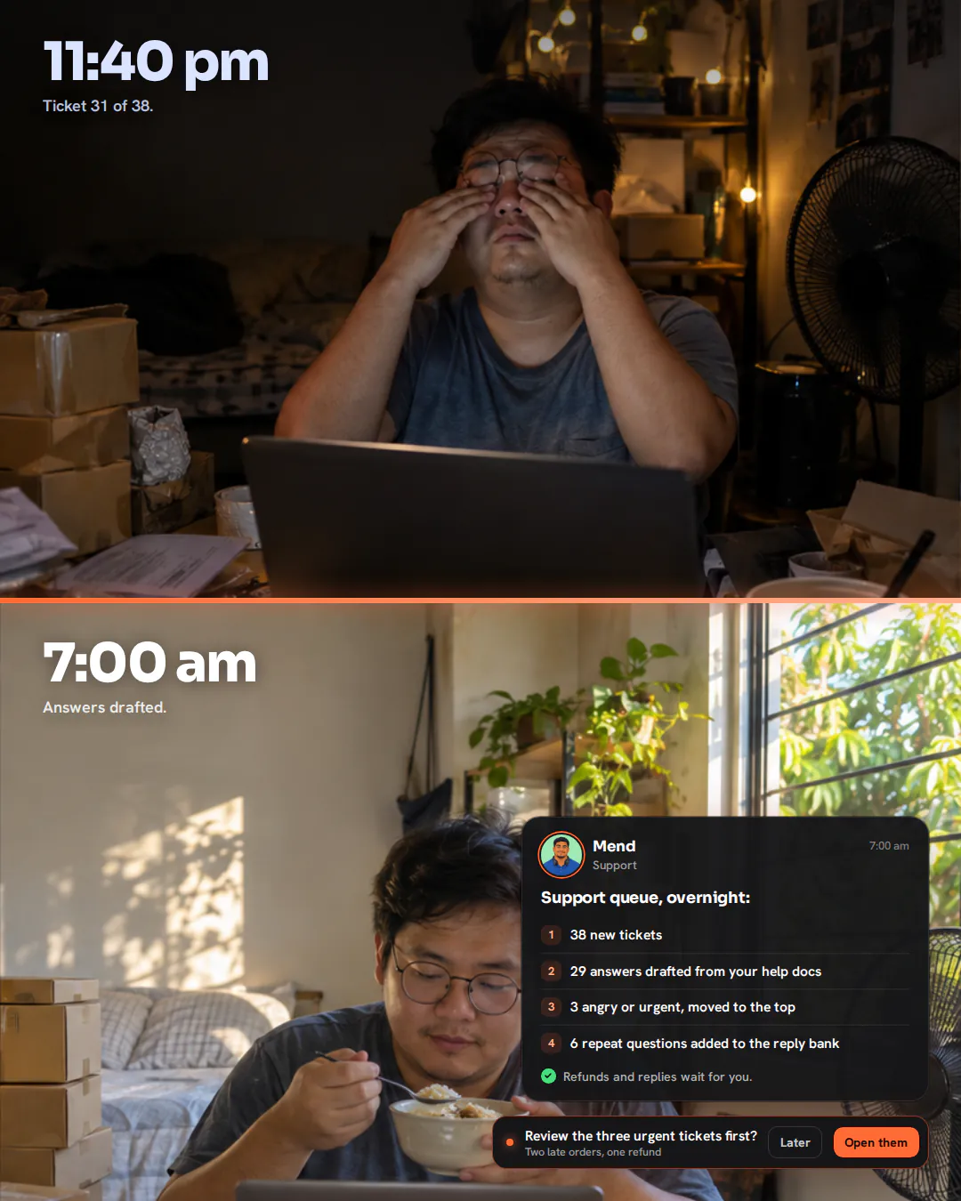 Split photo of an online shop owner in a room full of shipping boxes: rubbing his eyes at 11:40pm, then calm with breakfast at 7am.