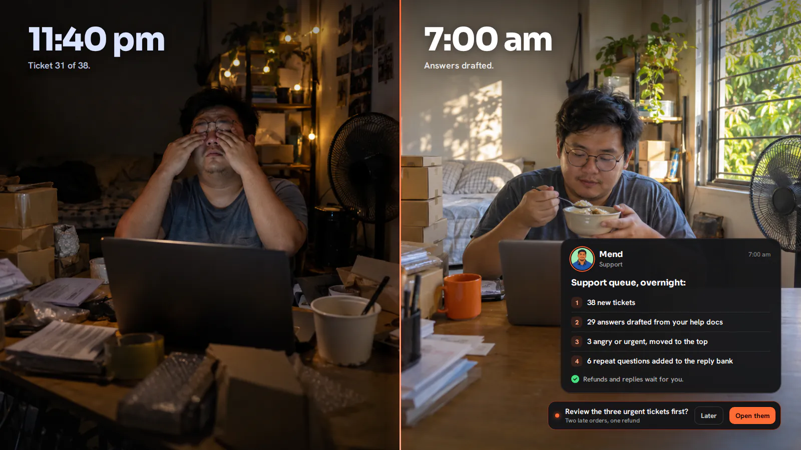 Split photo of an online shop owner in a room full of shipping boxes: rubbing his eyes at 11:40pm, then calm with breakfast at 7am.