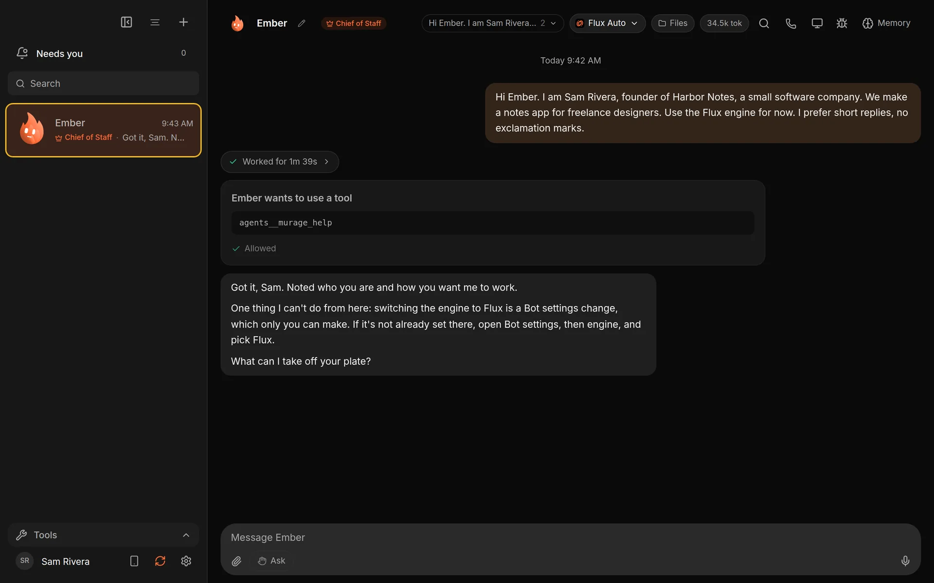 A first chat with Ember, the Chief of Staff, replying to a founder who has just introduced themselves.