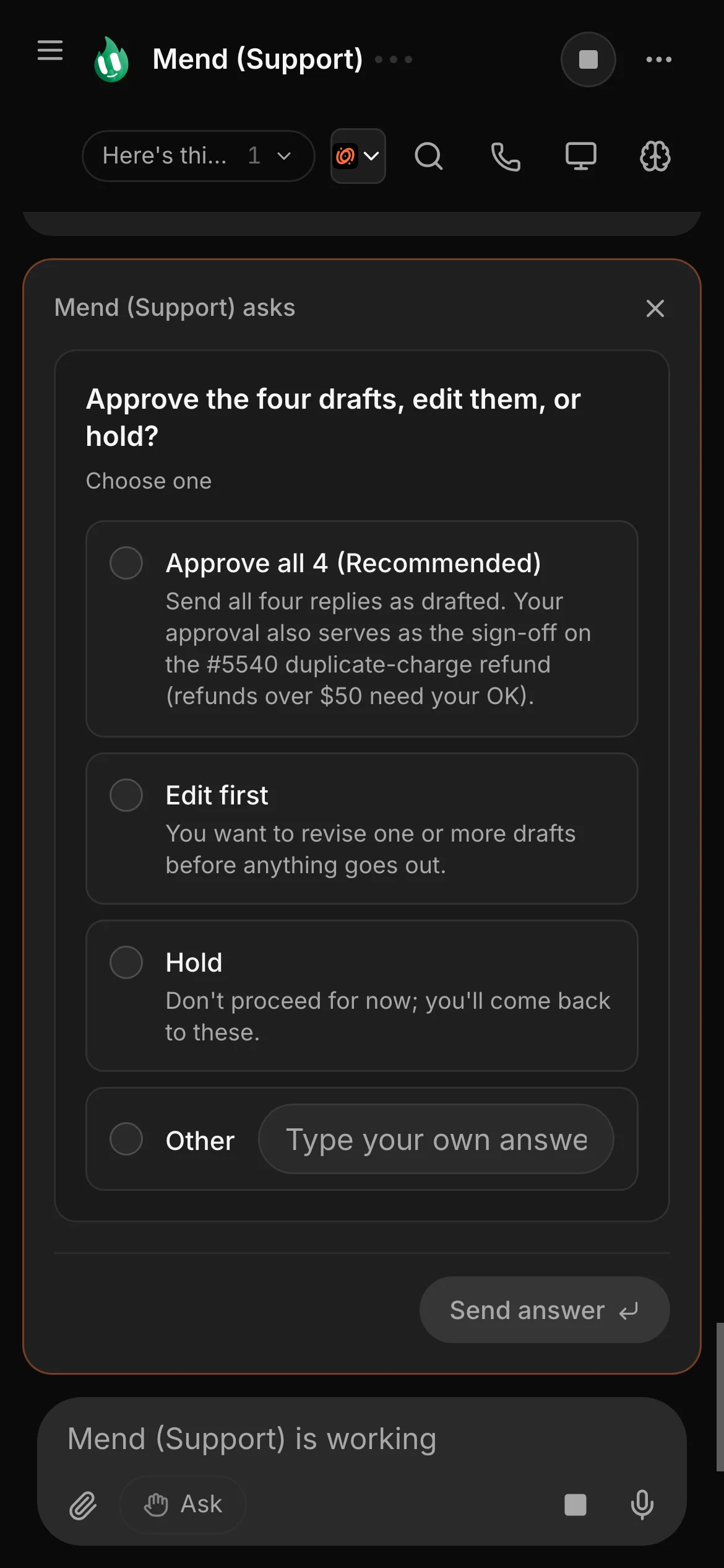 Murage on a phone: Mend, the support bot, asks the owner to approve all four drafted replies, edit first or hold, with nothing sent yet.