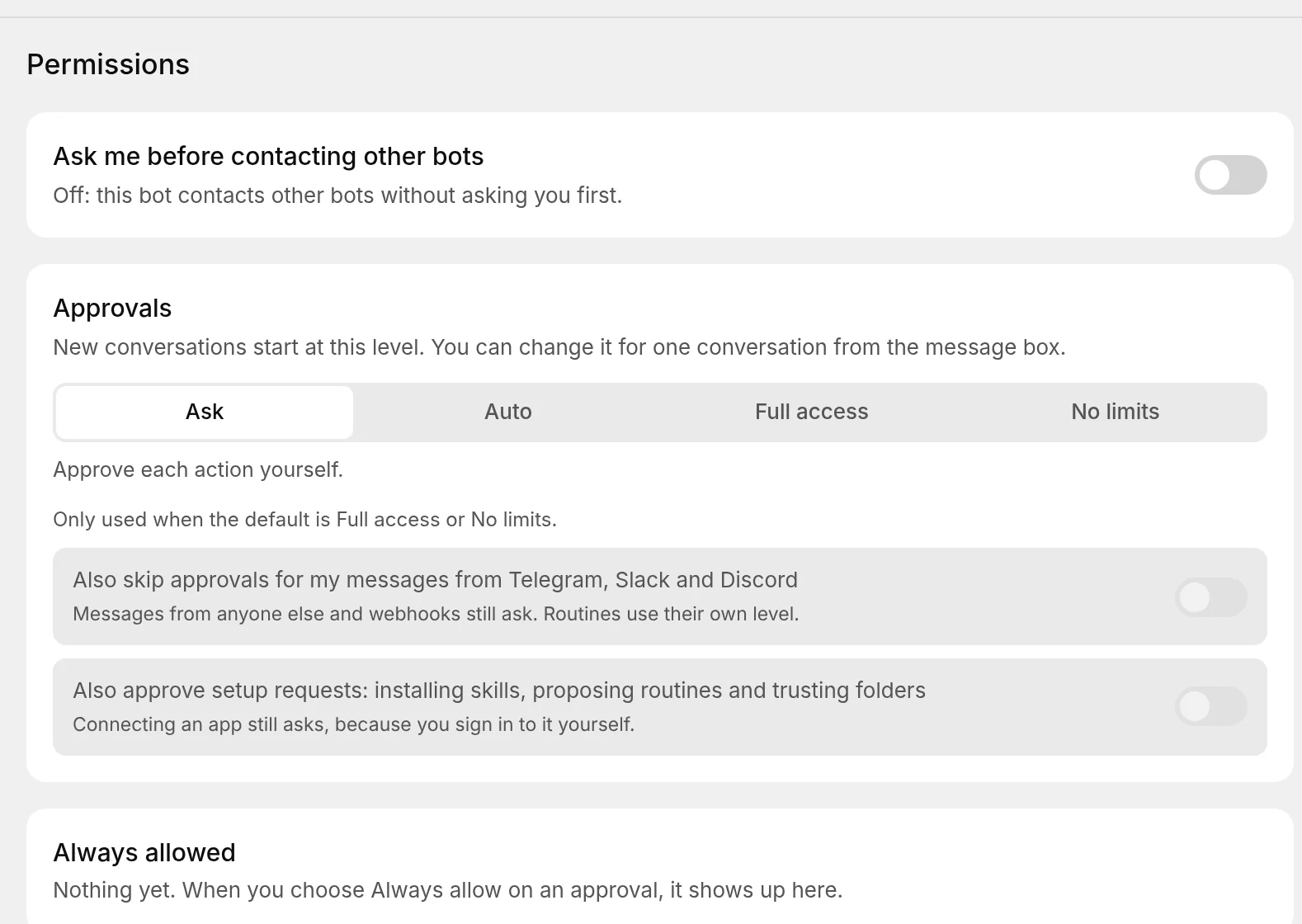 Bot settings, Permissions, showing the approval level and who the bot may contact