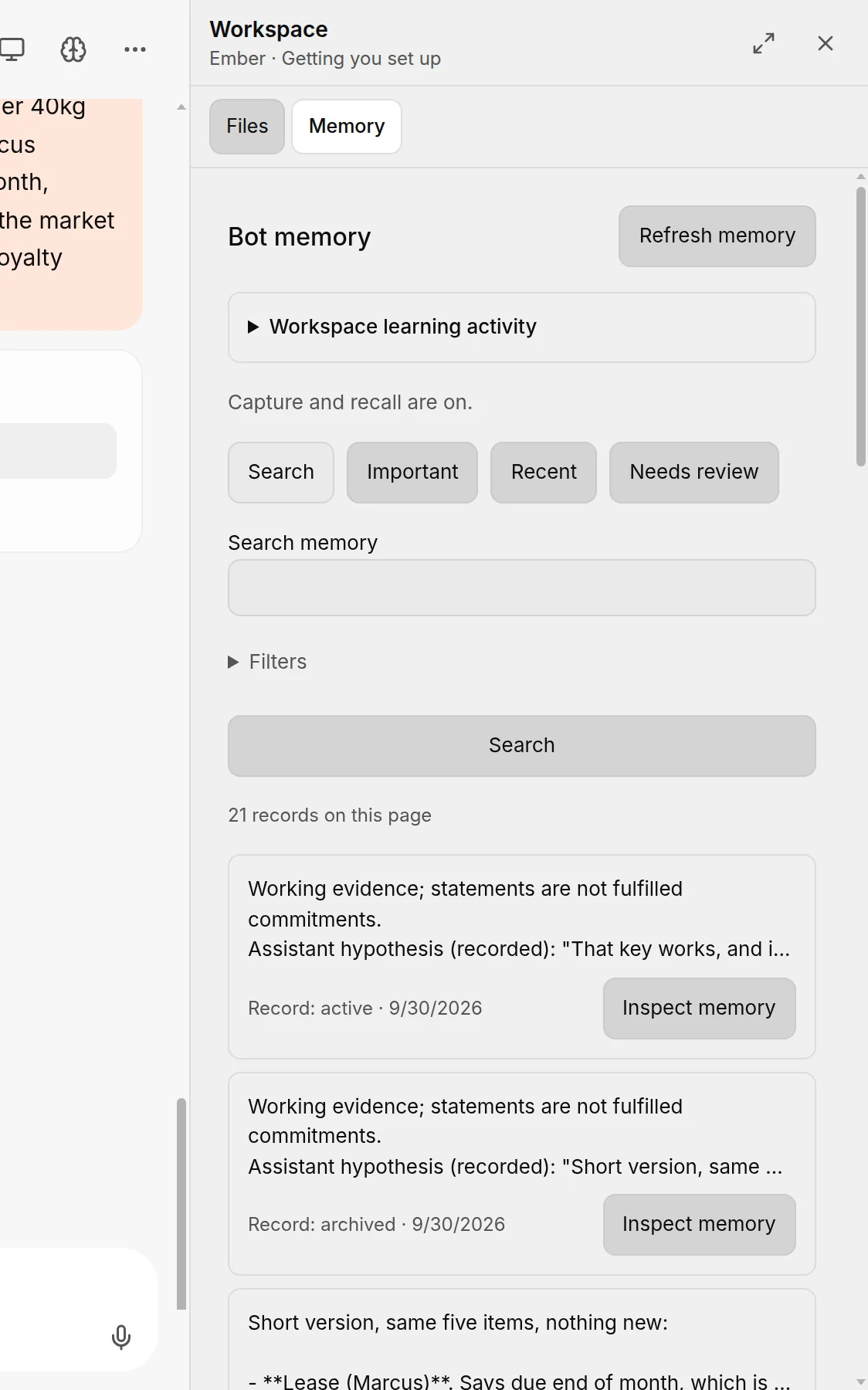 The Memory panel beside a chat showing Ember's memory records