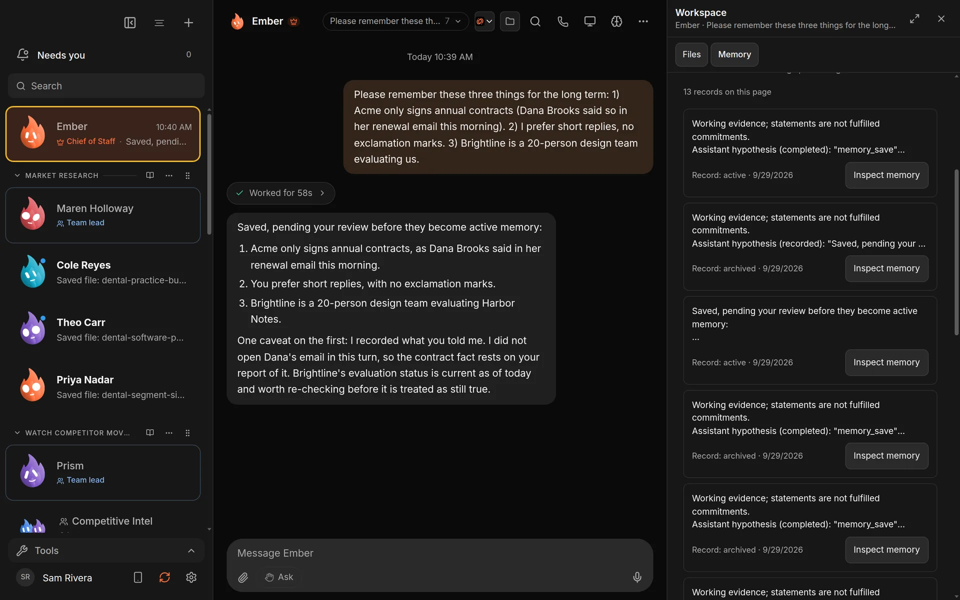 The Memory panel beside a chat