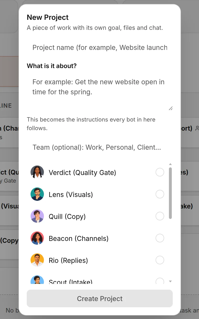 The New Project dialog with a name, a goal, a team and the bots to include