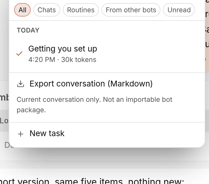 The conversation list popover above a chat, with Export conversation (Markdown) at the bottom